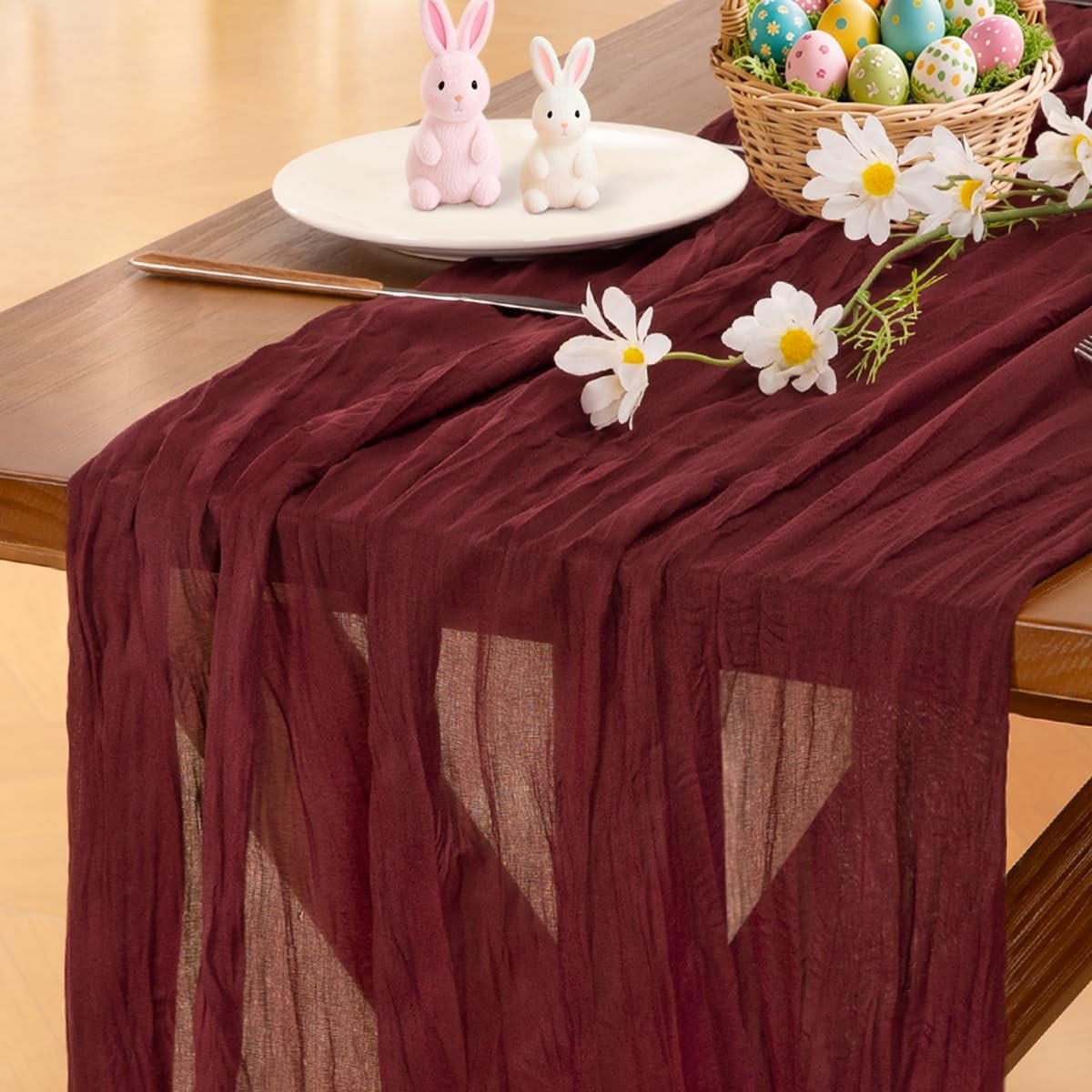 Cheesecloth Table Runner Summer Boho Wedding Birthday Party Home Decor | Burgundy Rustic Gauze 10FT 120in Cheese Cloth Sheer Farmhouse Dining Runner for Baby Shower Bridal Holiday Decorations
