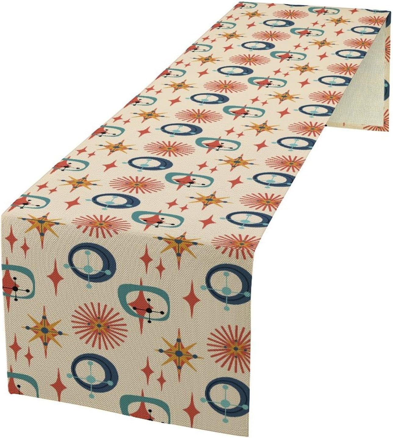 Mid Century Modern Table Runner Abstract Style Colorful Geometric Atomic Star for Kitchen Dining Room Holiday Washable Quick Dry 13×36 Inch
