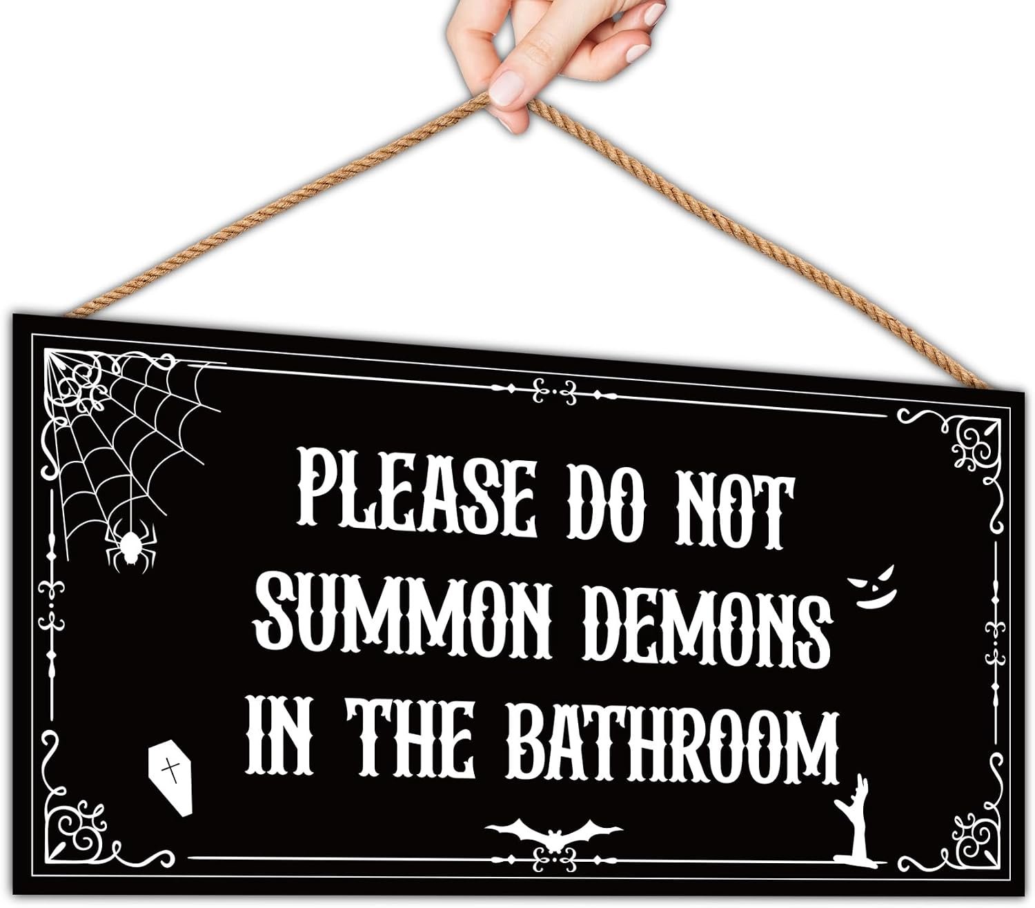 Vintage Funny Gothic Halloween Bathroom Decor, Witchy Gothic Decor Indoor, Please Do Not Summon Demons In The Bathroom Wooden Sign for Wall, 5.9 * 11.8 Inch