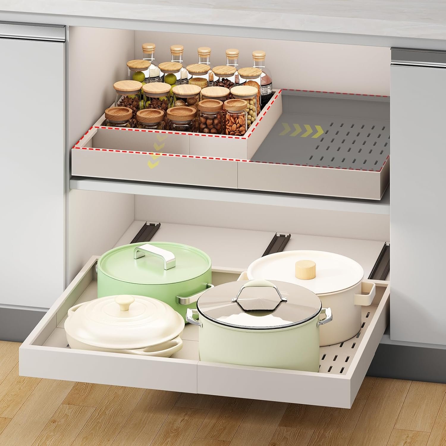 Fokyfok Pull out Cabinet Organizer,14″-21″W, 17″-24″D,Expandable,Adhesive | No Drill,3 Rails,Adjustable Slide out Drawers for Kitchen,Pantry,Roll out Shelves,for Cabinets Without Lip,Bathroom,White,1PC
