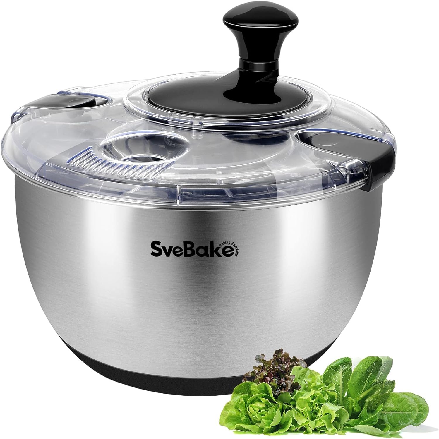 Stainless Steel Salad Spinner, 4.8 Qt Vegetable Washer, BPA-Free Lettuce Dryer with Crank Design, Easy Clean, Non-Slip Base – Transparent Lid