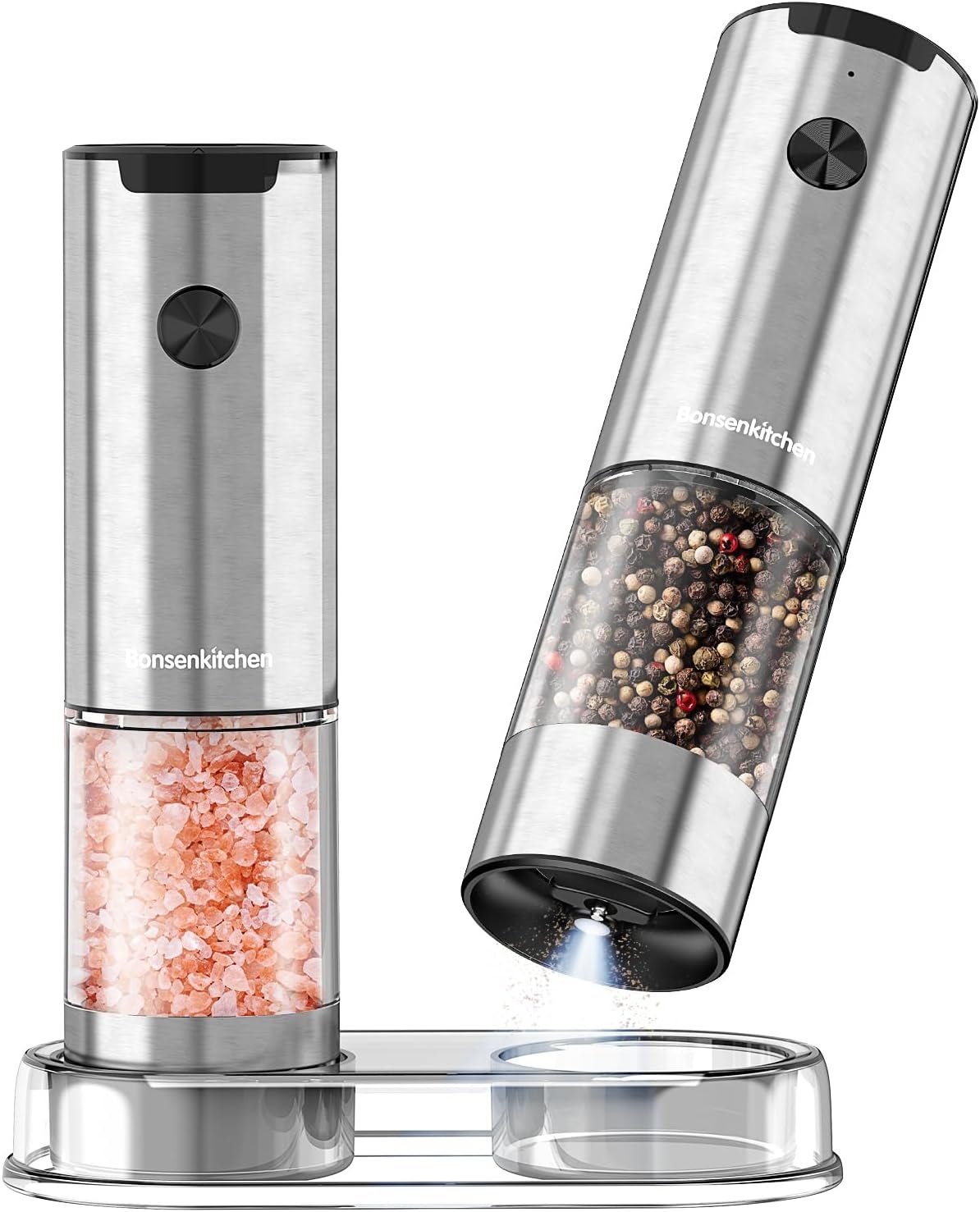 Bonsenkitchen Electric Salt and Pepper Grinder Set, 95ml Large Capacity | Clean Brush, Stainless Steel Adjustable Pepper Mill with LED for Kitchen, Battery Powered (Not Included), BBQ & Camping