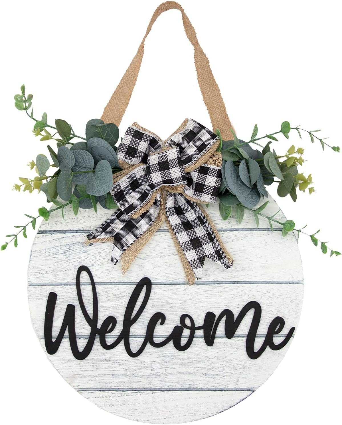 3D Welcome Wreaths for Front Door | White Horizontal Concave Stripes Wooden Farmhouse Welcome Sign for Home Wall Decor