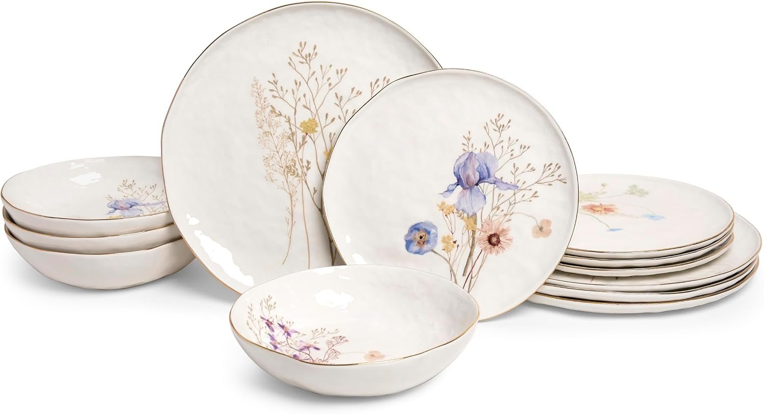 Sango 12-Piece Luxury Porcelain Dinnerware Set for 4- Glossy White Plates and Bowls Sets with Wildflower Patterns and Gold Rims, Ceramic Dish Set, Elegant Dishes for Everyday Dining, Gansevoort