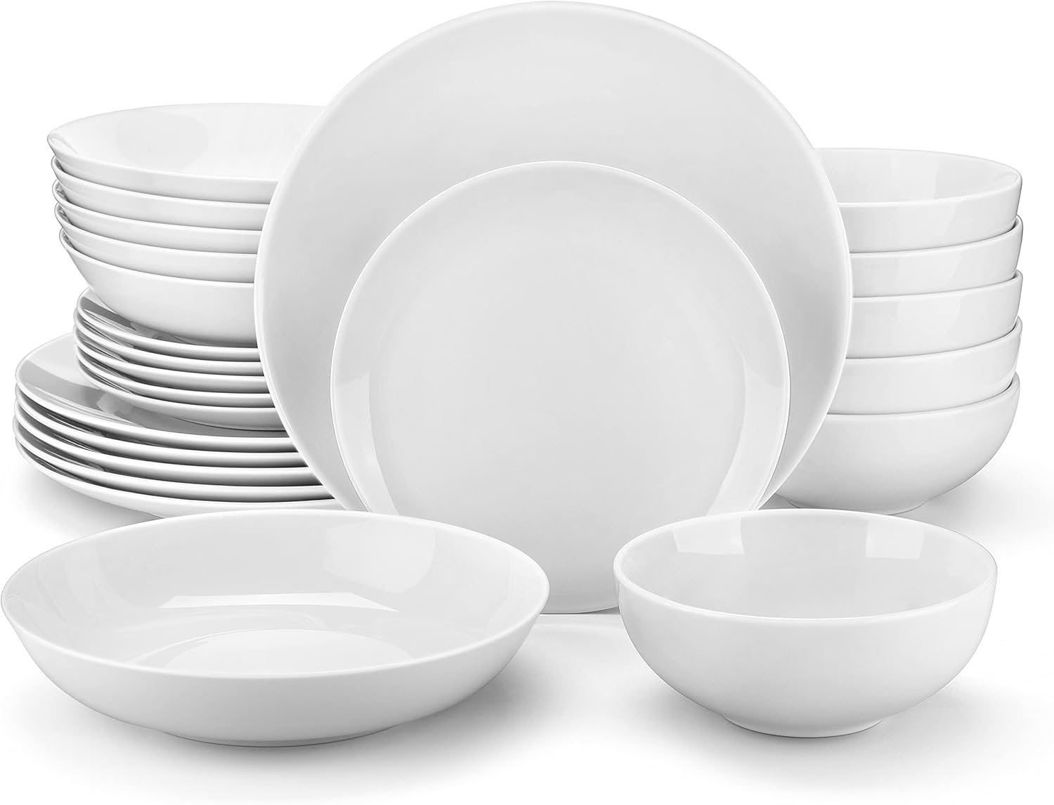 MALACASA 24-Piece Gourmet Porcelain Dinnerware Sets, Modern White Round Dish Set for 6 – Premium Serving Plates and Bowls Sets for Dessert, Salad, Soup, Pasta – Series AMELIA | Modern Serving Plates and Bowls Sets for Dessert, Salad, Soup, Pasta, Microwave & Dishwasher Safe – Series AMELIA