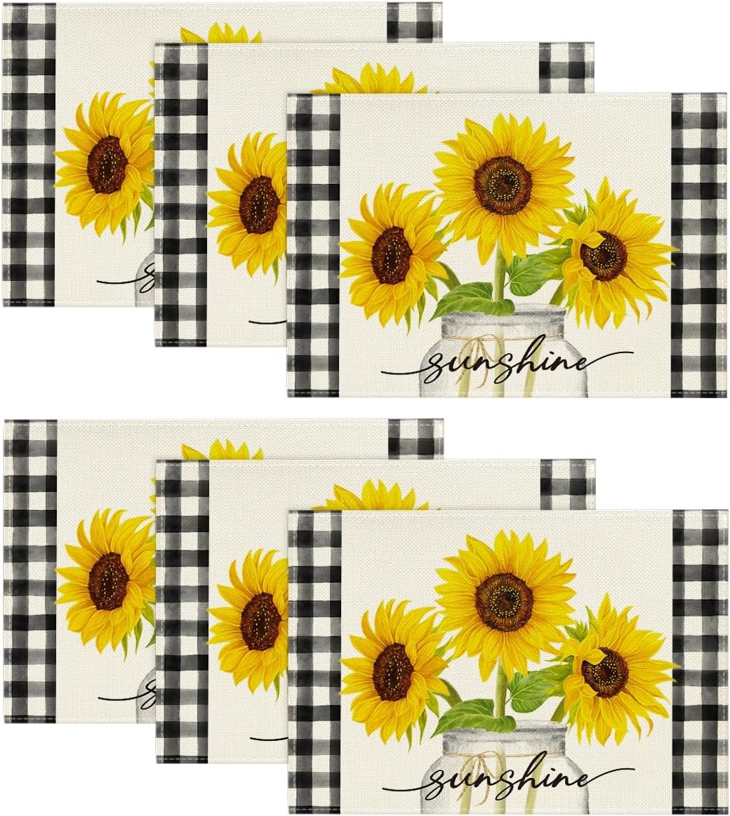 Artoid Mode Buffalo Plaid Sunflower Sunshine Vase Summer Placemats Set of 6, 12×18 Inch Spring Table Mats for Party Kitchen Dining Decoration