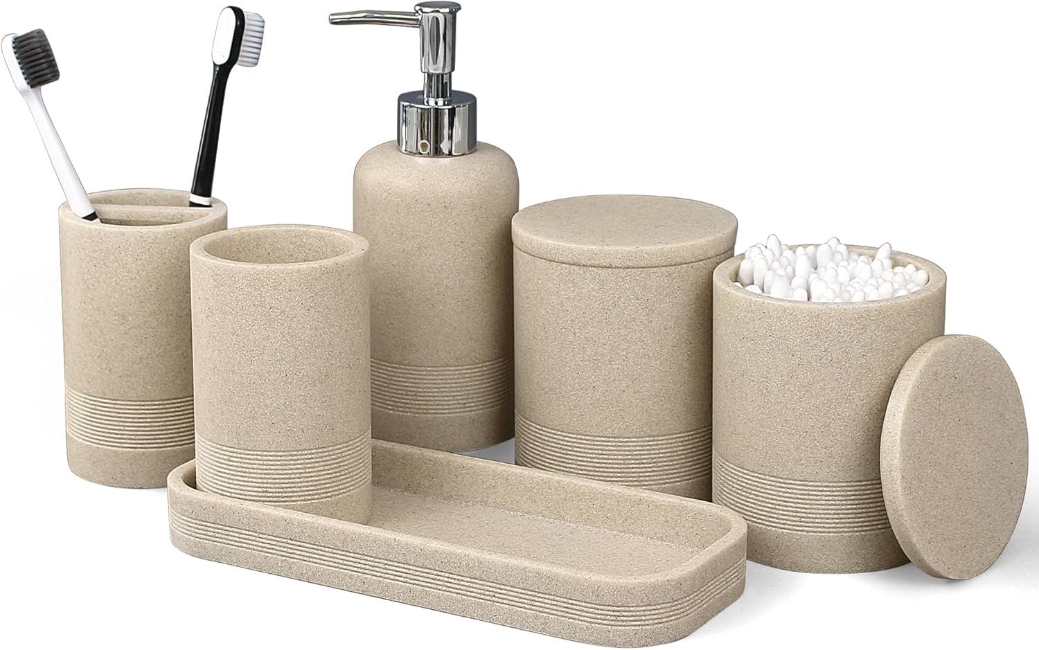 LIN CHUAN 6-Piece Bathroom Accessories Set, Bathroom Organizer, Beige | Includes soap dispenser, toothbrush holder, vanity tray, tumbler, and 2 cotton swab jars for bathroom organization set.