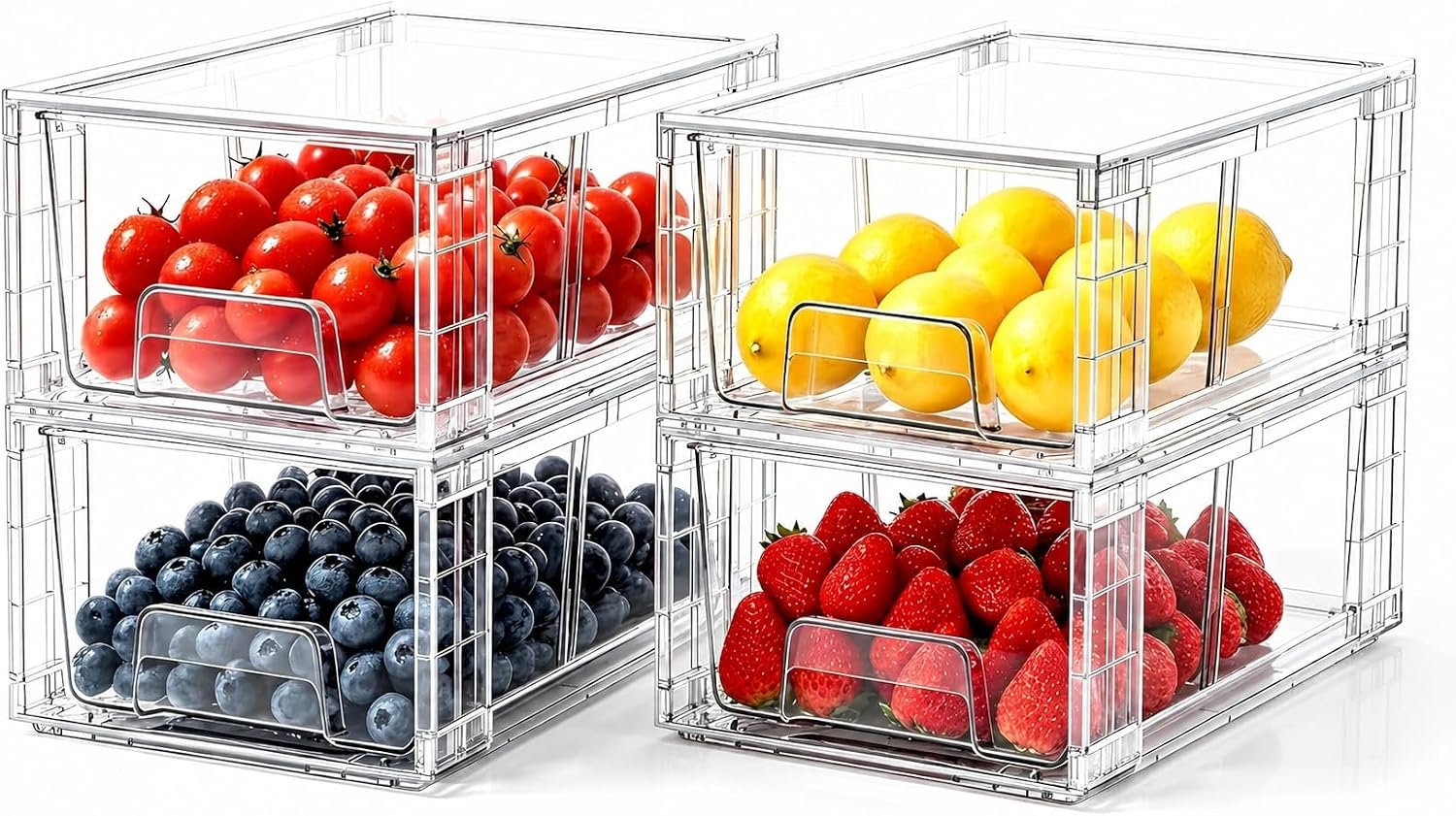 4 Pack Stackable Storage Drawers with Handles, Easy Assembly Clear Acrylic Fridge Organizer, Refrigerator Organizers and Storage for Kitchen, Under Sink, Pantry, Bathroom