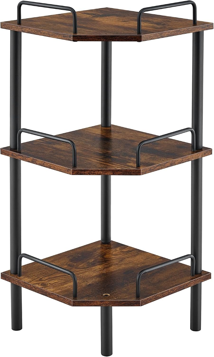 Tajsoon Corner Shelf Stand, 3 Tier Industrial Corner Shelves, Multipurpose Standing Display Shelf, Corner Shelving Unit for Bedroom, Living Room, Office, Kitchen, Rustic Brown | Corner Standing Shelf with Edge Protection Fence, Industrial Corner Shelves Unit for Bedroom, Living Room, Office, Kitchen