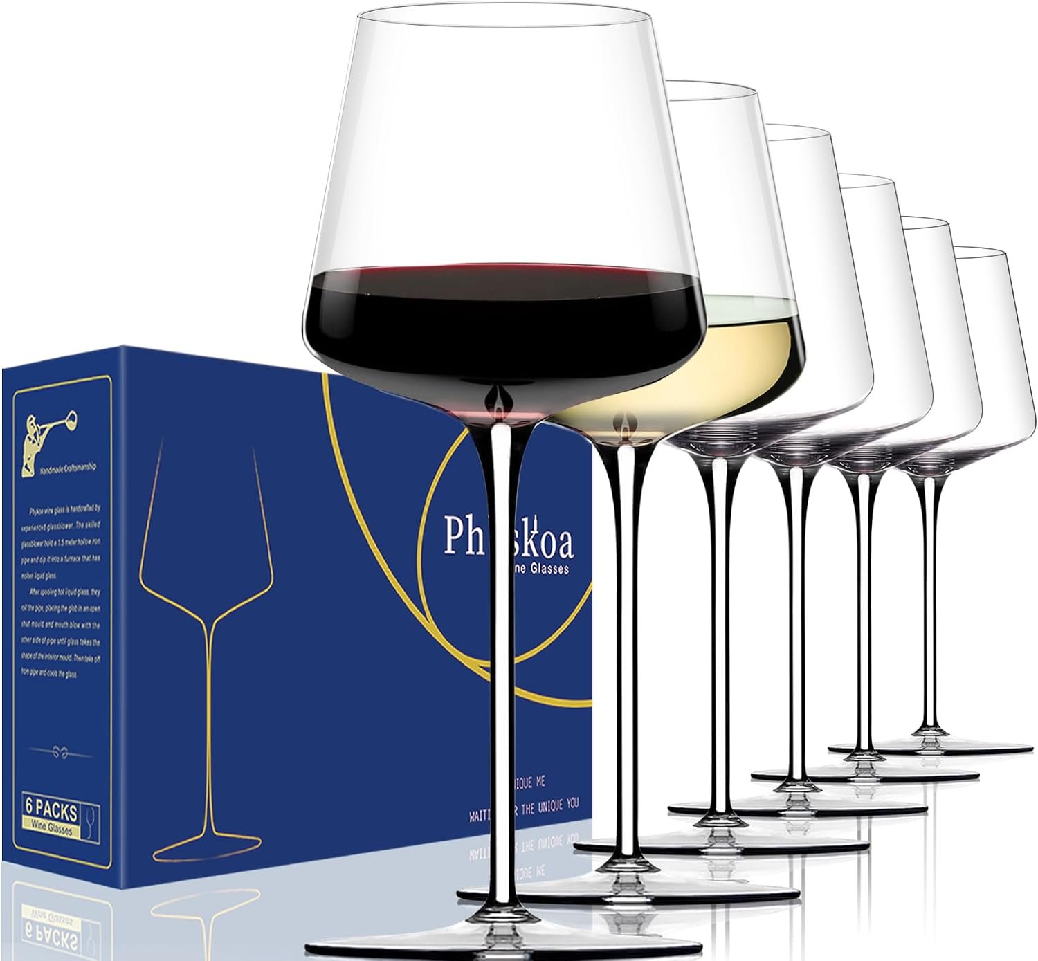 Physkoa White Red Wine Glasses Set of 6 – 18oz Clear【Hand Blown】 Crystal Wine Glass – Tall Long Stem Modern Wine Glasses – Square Wine Glass with flat bottom