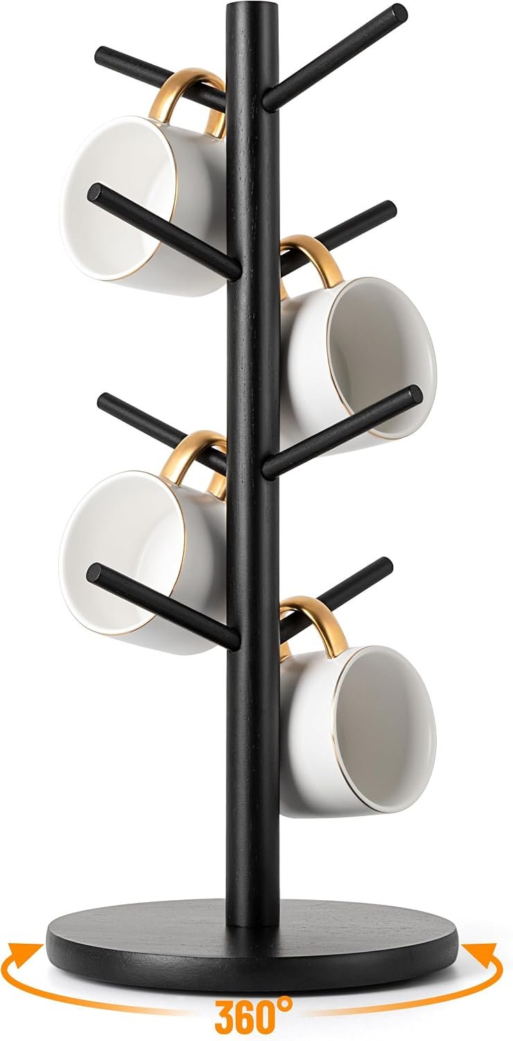 MyLifeUNIT Large Mug Holder Tree, 360° Rotated Coffee Cup Holder, 8 Hooks | Metal rotatable base, fits large mugs, non-slip bottom pads, easy tool-free assembly, Black