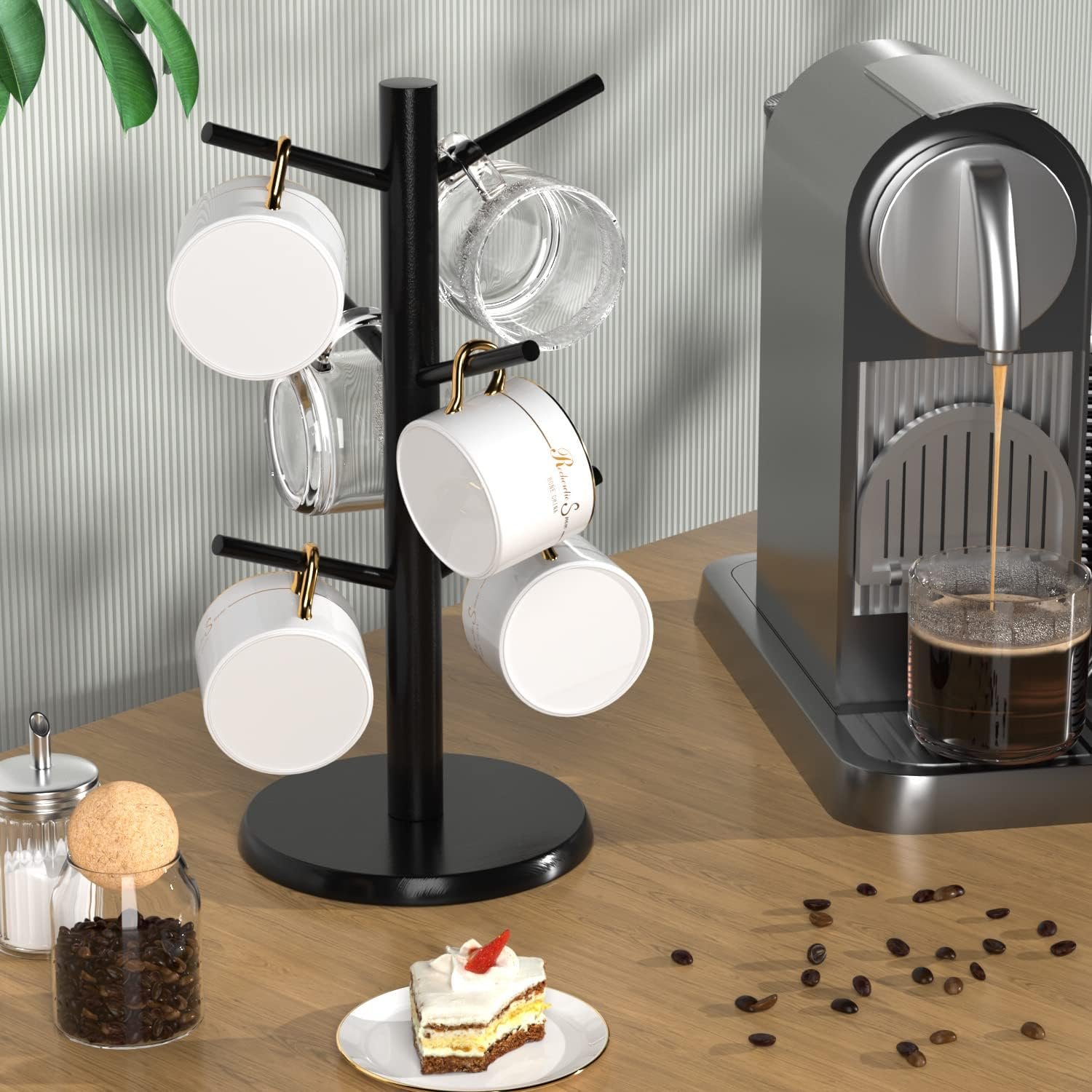 Bamboo Coffee Mug Tree Holder with 6 Hooks, Cup Stand for Countertop, Black | Non-Slip Coffee Mug Rack, Stable Wooden Base, Coffee Cup Holder Organizer for Counter, Space-Saving, Easy to Assemble