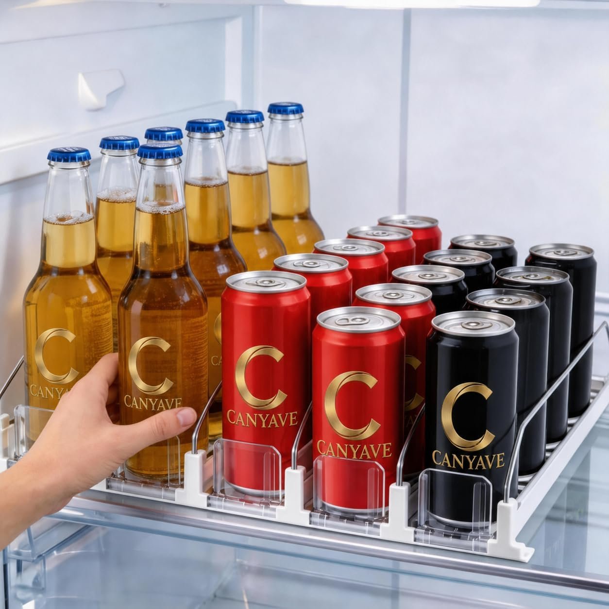 Canyave Self-Pushing Beverage Organizer for Fridge – Adjustable Spring Loaded Drink Dispenser & Soda Can Organizer – Clear Glide Rack Fits Cans, Bottles, Slim & Standard Sizes for Kitchen Pantry