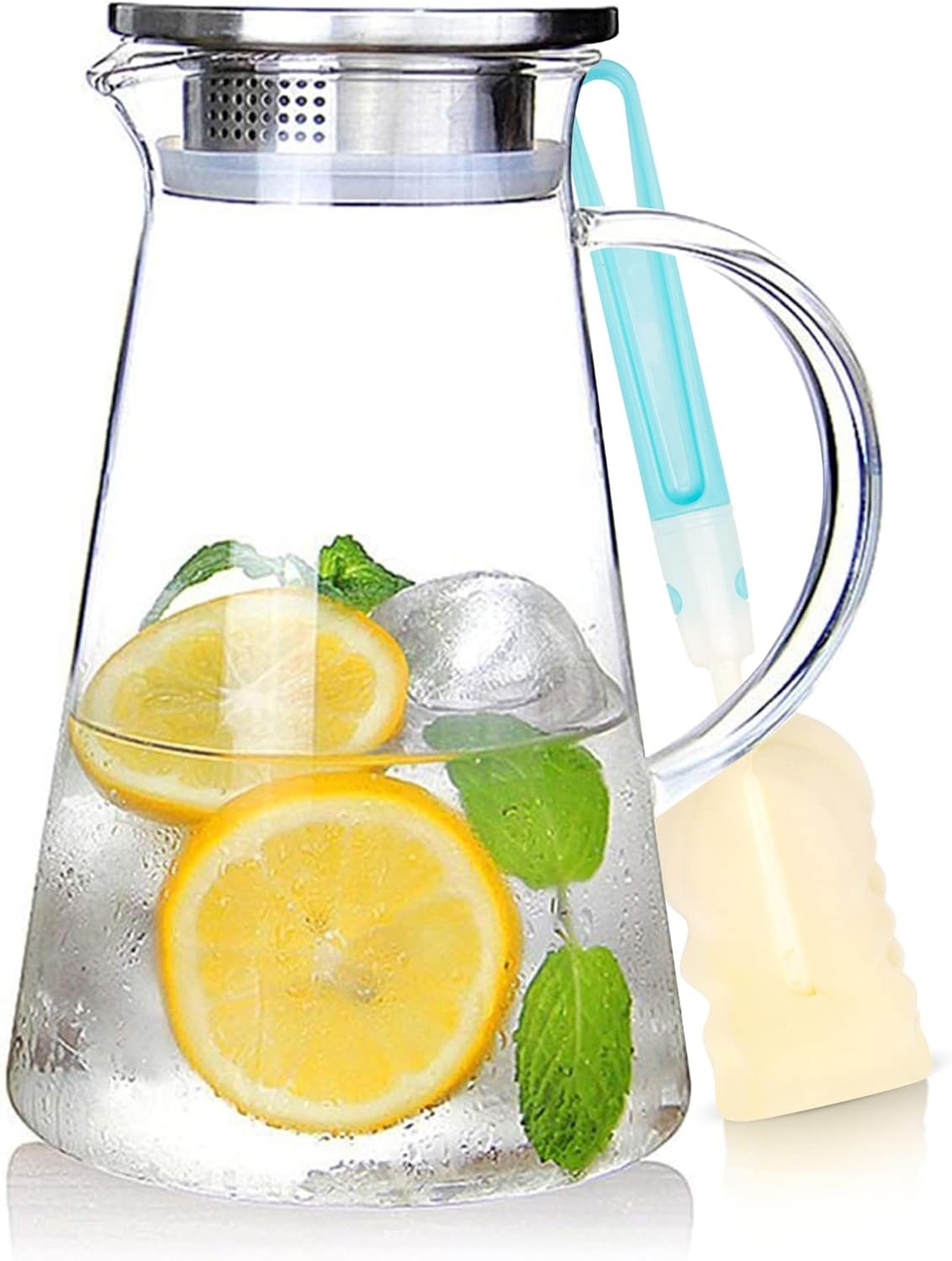 SUSTEAS 2L/68oz Glass Pitcher with Lid and Handle,Carafe for Hot/Cold Water | Hand-blown Heat Resistant Borosilicate Beverage for Brew,Coffee,Iced Tea,Juice, Easy Clean with Long-Handled Brush