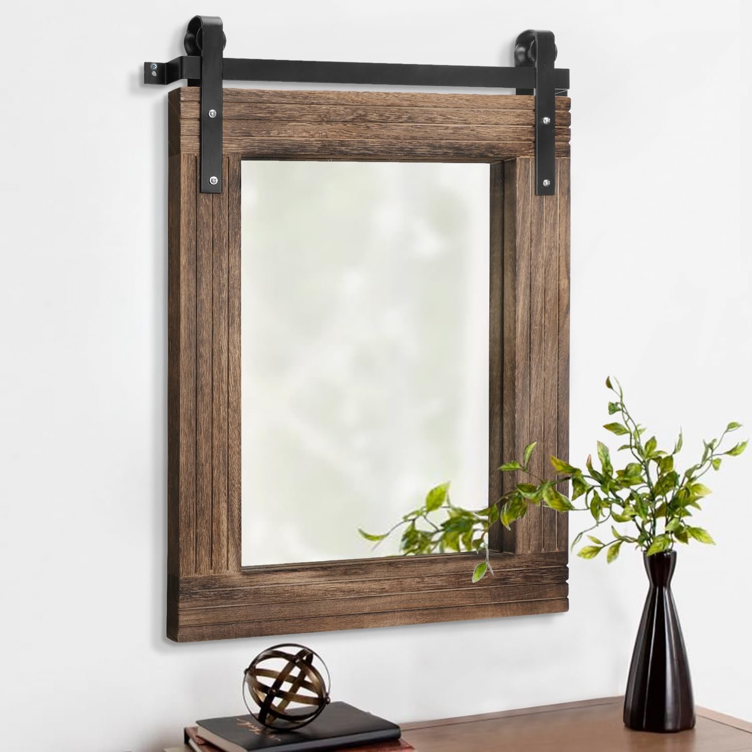 AAZZKANG Wall Mirror Rustic Barn Door Mirrors Rectangle Wood Framed Large | 20″x16″ Bedroom Living Room Bathroom Entryway Hanging Mirror Decorative