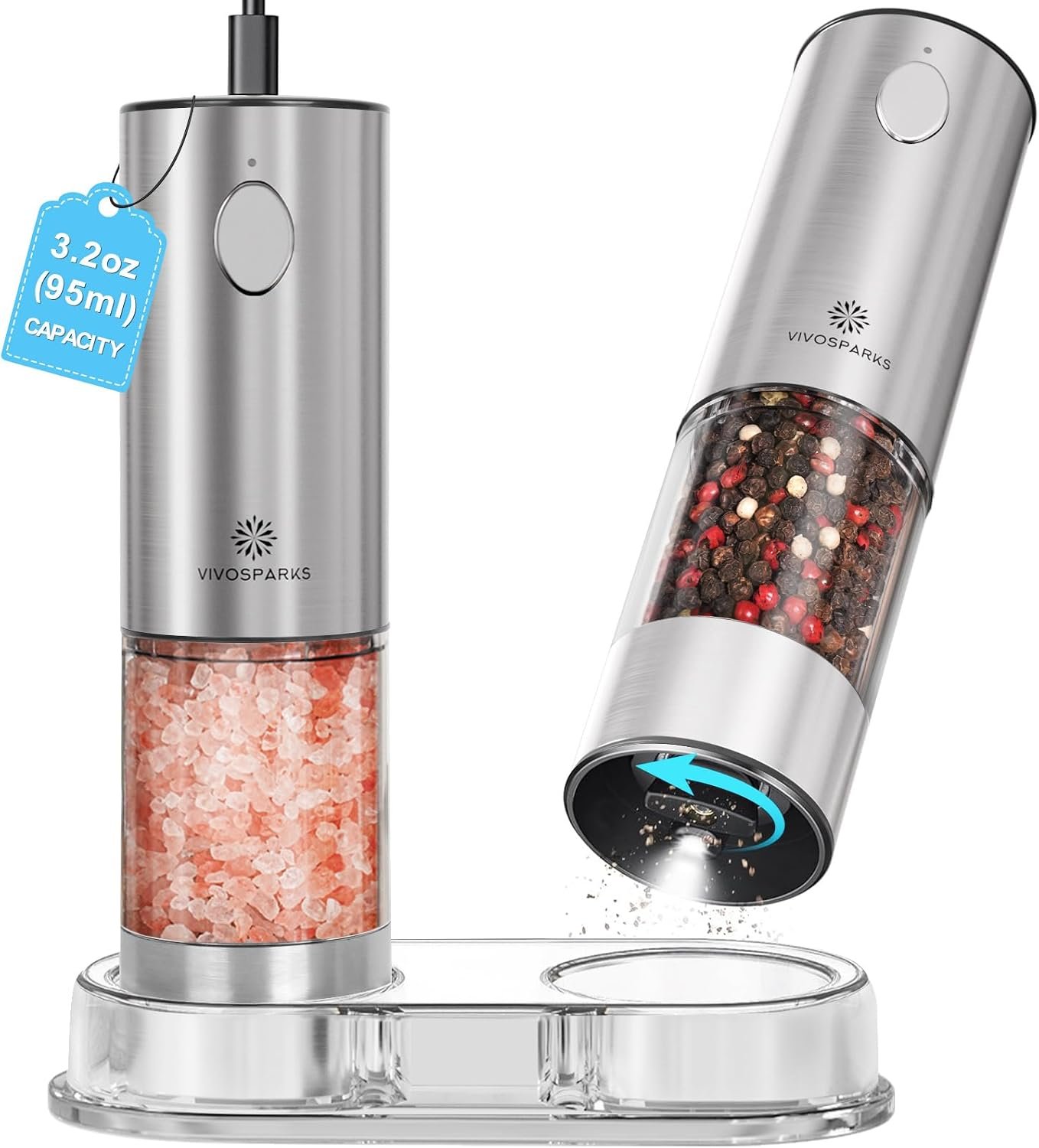 Electric Salt and Pepper Grinder Set, Rechargeable Automatic, Adjustable | USB-C rechargeable, one-hand automatic grinding, 6 coarseness levels, top-fill 3.2oz, storage base, stainless steel, LED