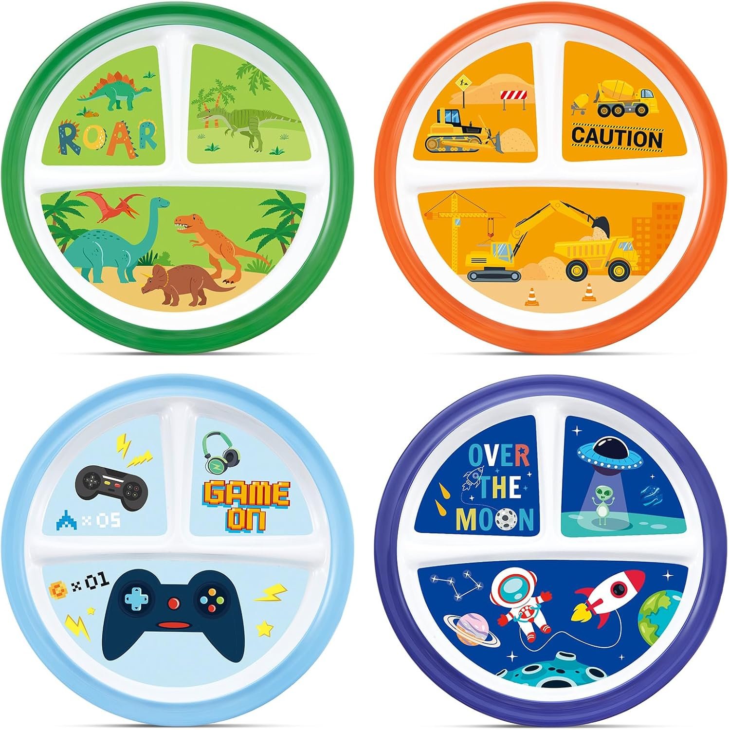 Hushee 4 Pcs 8.5 Inch Toddler Dinner Plates Set for Kids Boys, Cute Divided Kids Dinnerware Set, Dishes Plates for School Party Dinosaurs Engineering Game Console Astronaut