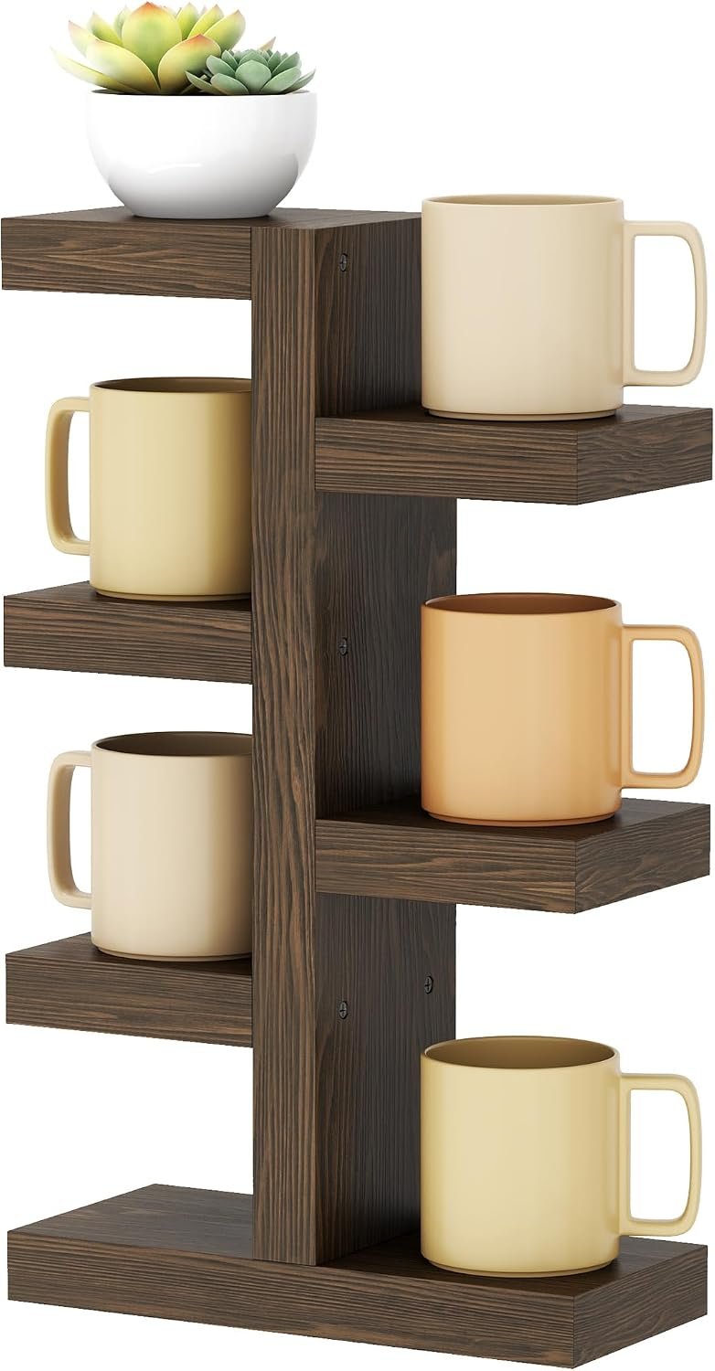 NiHome Coffee Mug Holder, Wood Mug Rack, 7 Mugs, Countertop, Vintage | Solid Pine With Non-Slip Pads, Rustic Farmhouse Cup Display Stand For Kitchen Coffee Bar Cabinet, Unique Home Decor Gift