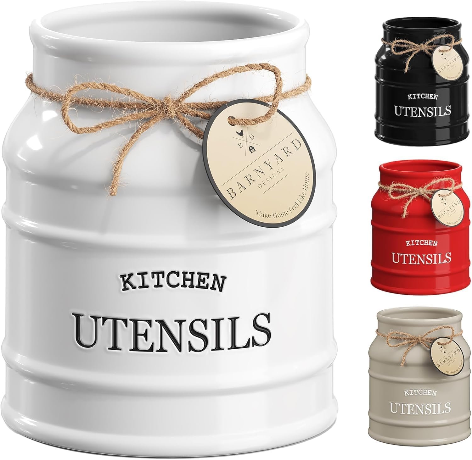 Barnyard Designs Ceramic Kitchen Utensil Holder Countertop 6.75″ (White) | Large Rustic Kitchen Utensil Crock Counter Organizer for Cooking Tools, Spatulas, and Gadgets; Spatula Caddy; Farmhouse Decor