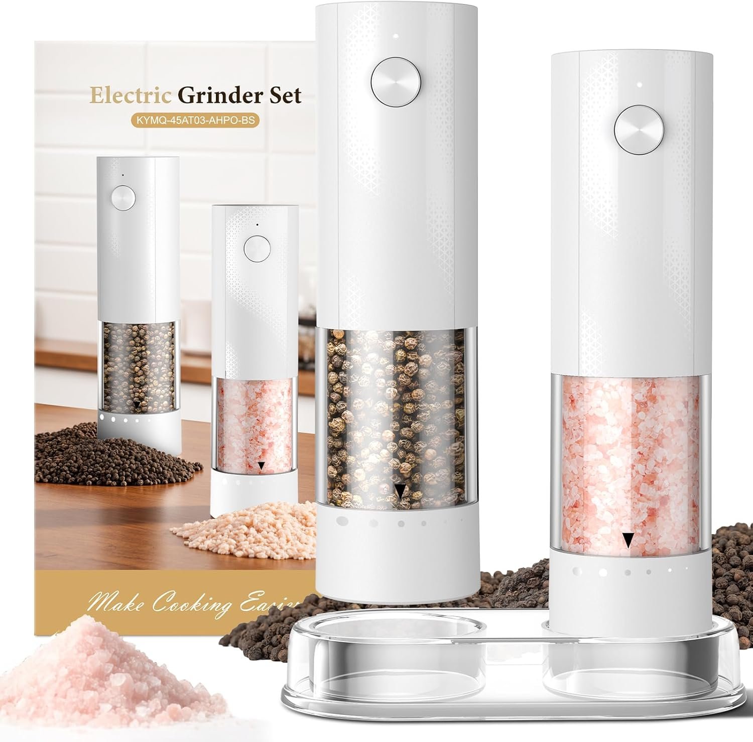 Electric Salt and Pepper Grinder Set – Rechargeable Automatic Salt and Pepper Shakers, Kitchen Appliances with External Adjustable Coarseness, Larger Hopper for Cooking, Home Gifts(2 Pack,White/White)