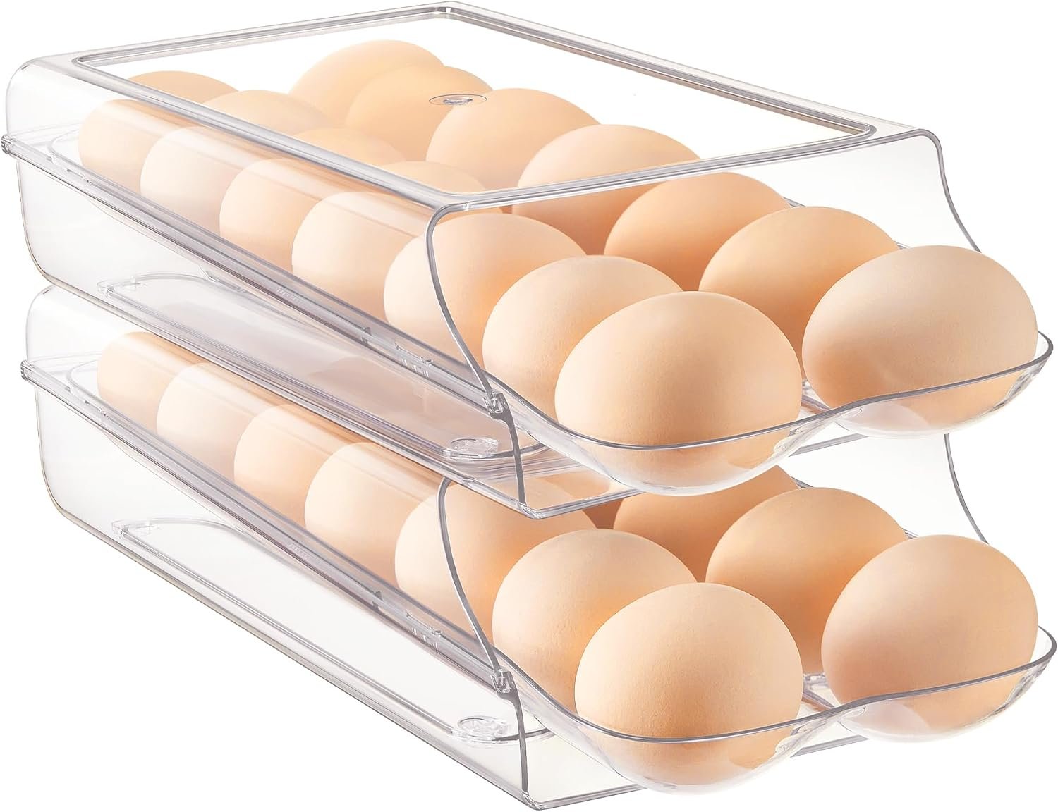 Vtopmart 2 Pack Egg Holder for Fridge, Automatic Rolling Egg Container | Stackable Clear 14-Count Eggs Organizer with Removable Inner Tray, Egg Storage for Refrigerator, Space Saving