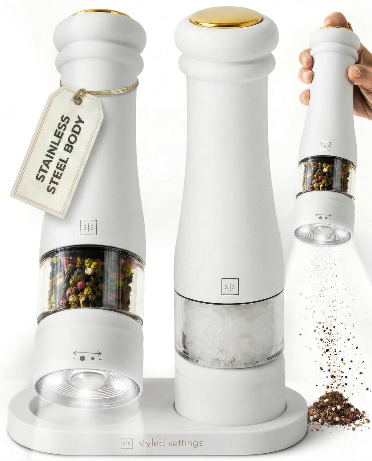 Styled Settings Electric Salt and Pepper Grinder Set, White | Automatic White and Gold Electric Salt and Pepper Shakers with Wood Base, LED Light, Battery Operated, Adjustable Coarseness
