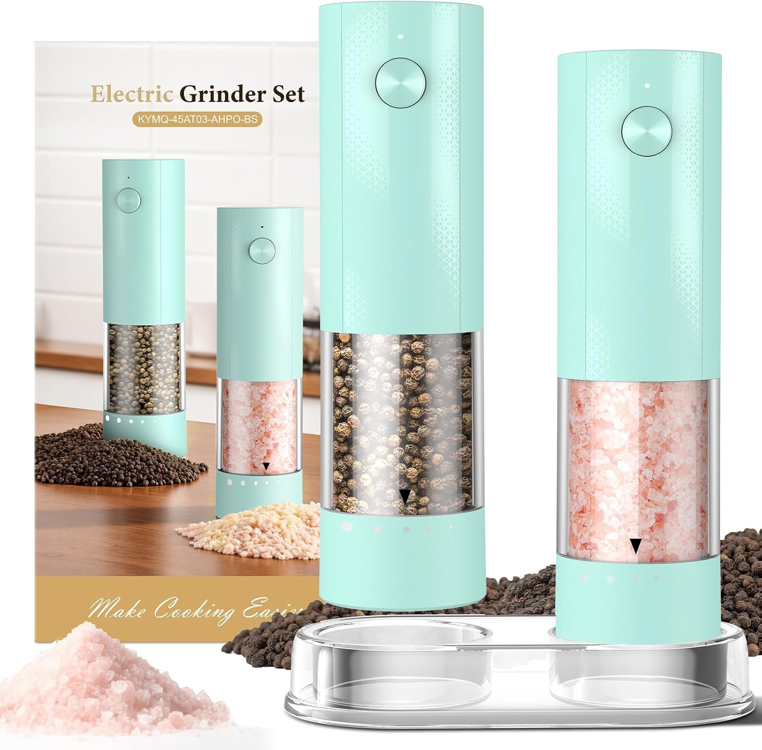 Electric Salt and Pepper Grinder Set – Rechargeable Automatic Salt and Pepper Shakers, Kitchen Appliances with External Adjustable Coarseness, Larger Hopper for Cooking, Home Gifts(2 Pack,Mint Green)