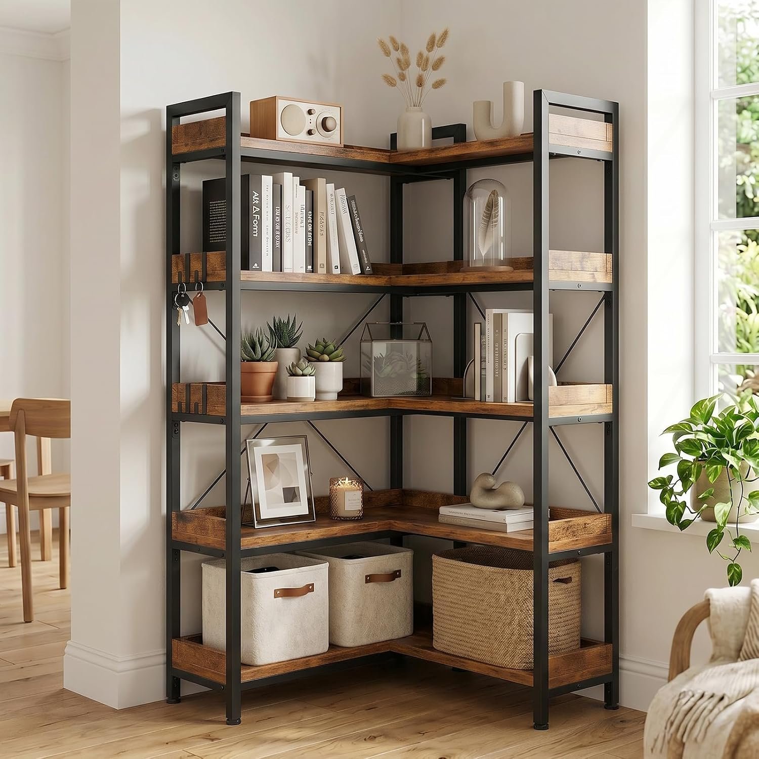 GTPLAYER 5-Tier Corner Bookshelf, L-Shaped Metal Frame Shelf with Tall 14″ Shelves, Plant Stand and Storage Rack for Small Spaces, Living Room and Home Office, Brown