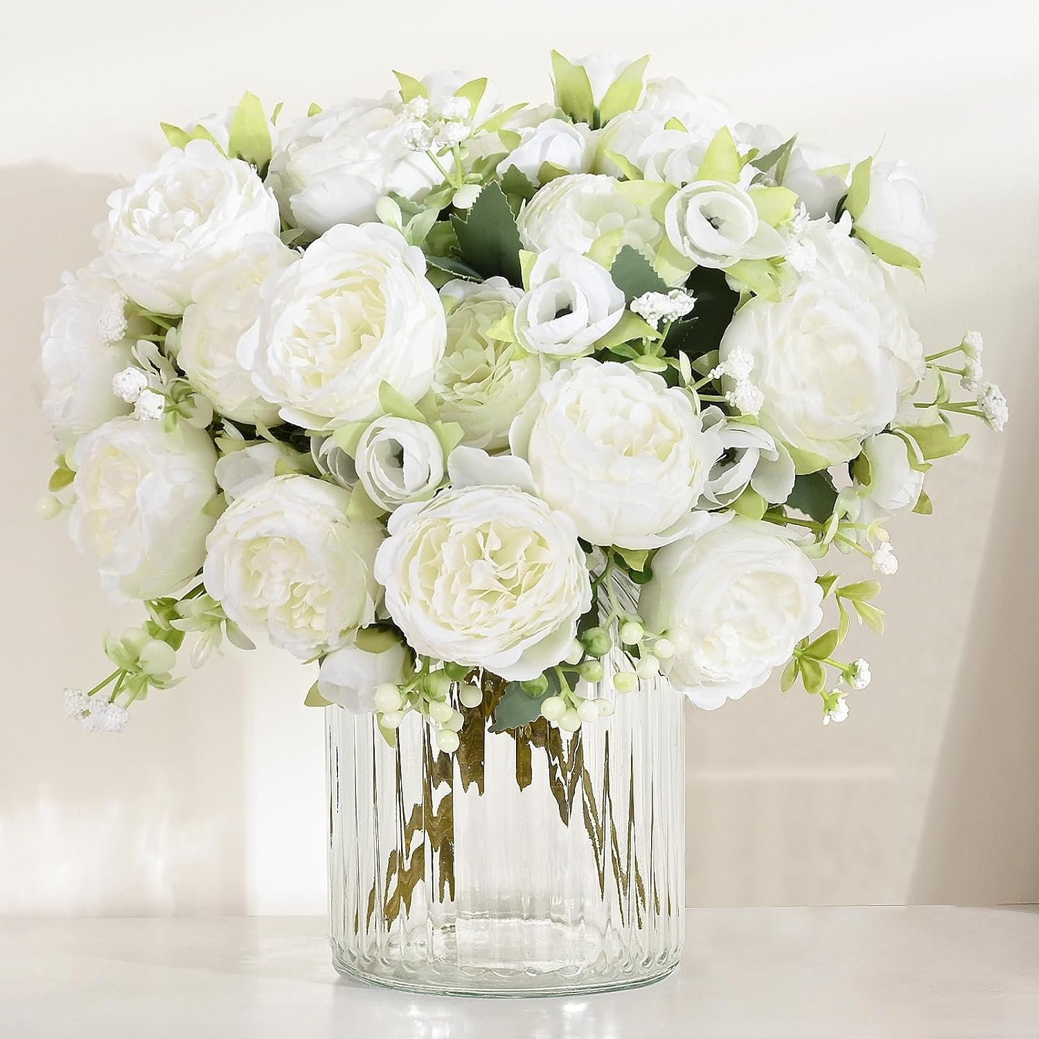 MARTINE MALL 2 Packs Peonies Artificial Flowers, White Artificial Peonies, Silk Peonies Flowers Fake Peonies Artificial Flowers Peonies Bouquet for Centerpiece Table Wedding Party Home Decor