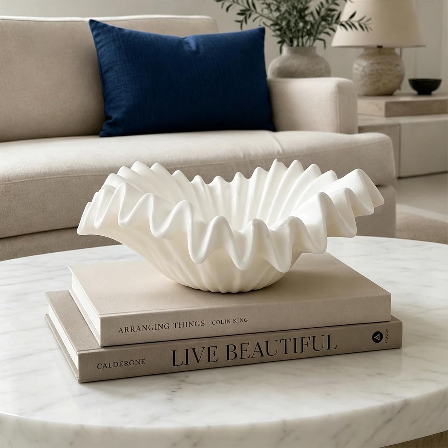 Braxio White Decorative Bowl – Resin Ruffle Bowl for Entryway, Dining Table Centerpiece, Fruit or Key Holder for Modern Home Decor, 12 Inch Art Deco Style