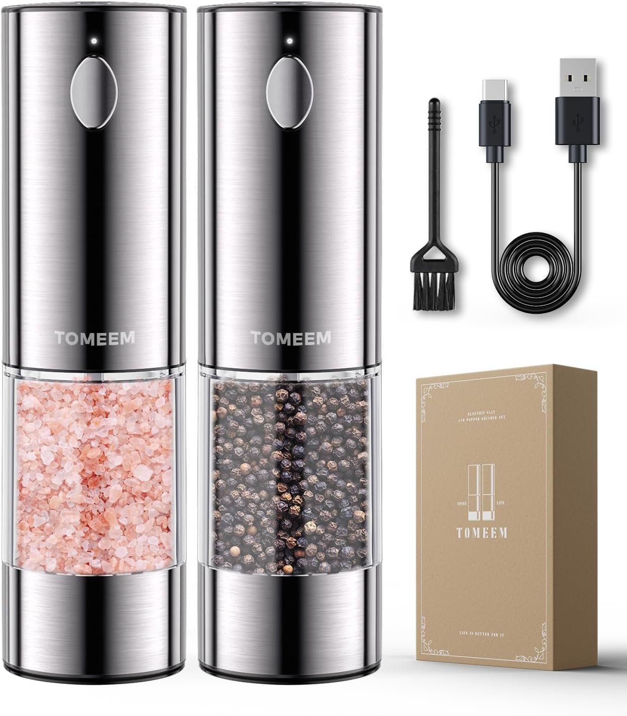 TOMEEM Larger Capacity Rechargeable Electric Salt and Pepper Grinder Set | 110ml Stainless Steel Automatic Pepper Mill with 5 Adjustable Grind Settings, LED Light and Refillable Design