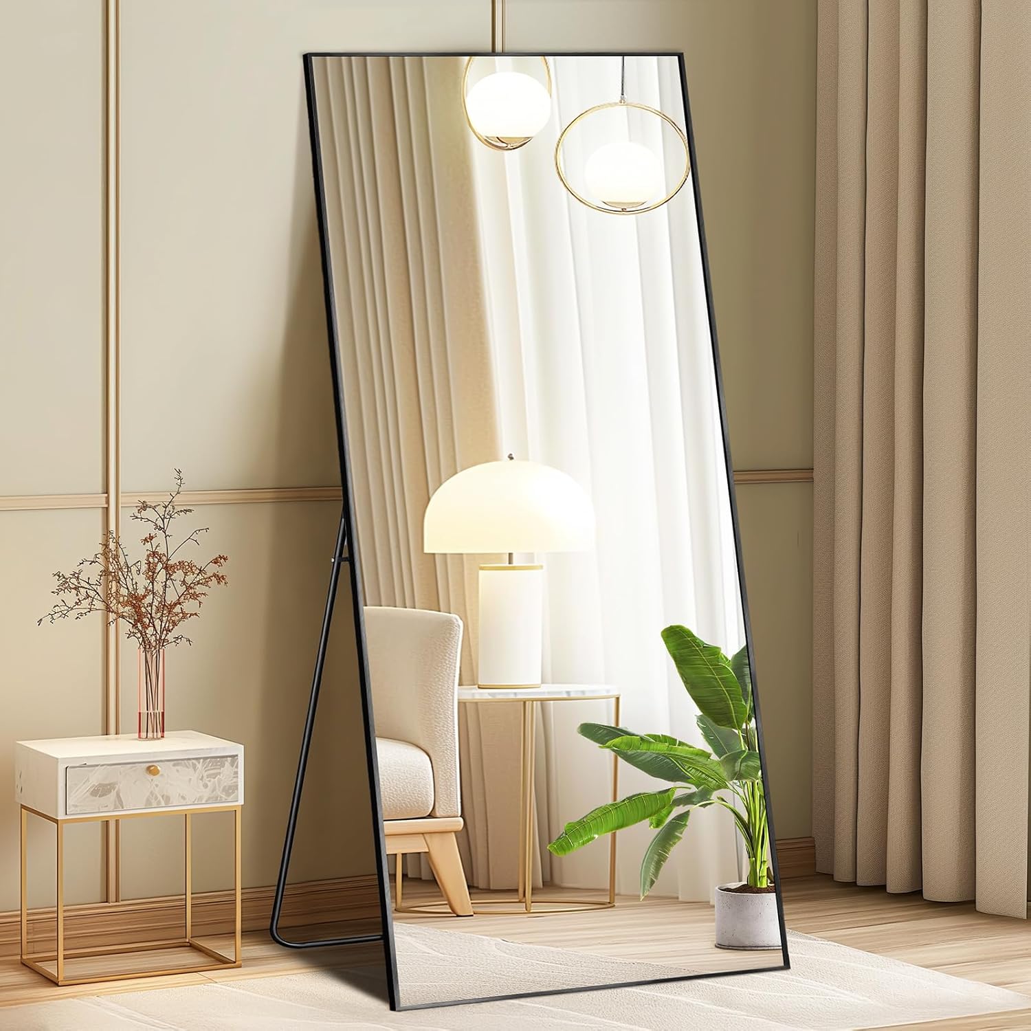 DUMOS 64″x21″ Full Length Mirror with Stand, Full Body Floor Mirror | Free Standing or Wall Mount, Nano Glass Aluminum Frame, Hanging or Leaning, Modern Simple Home Decor, Black