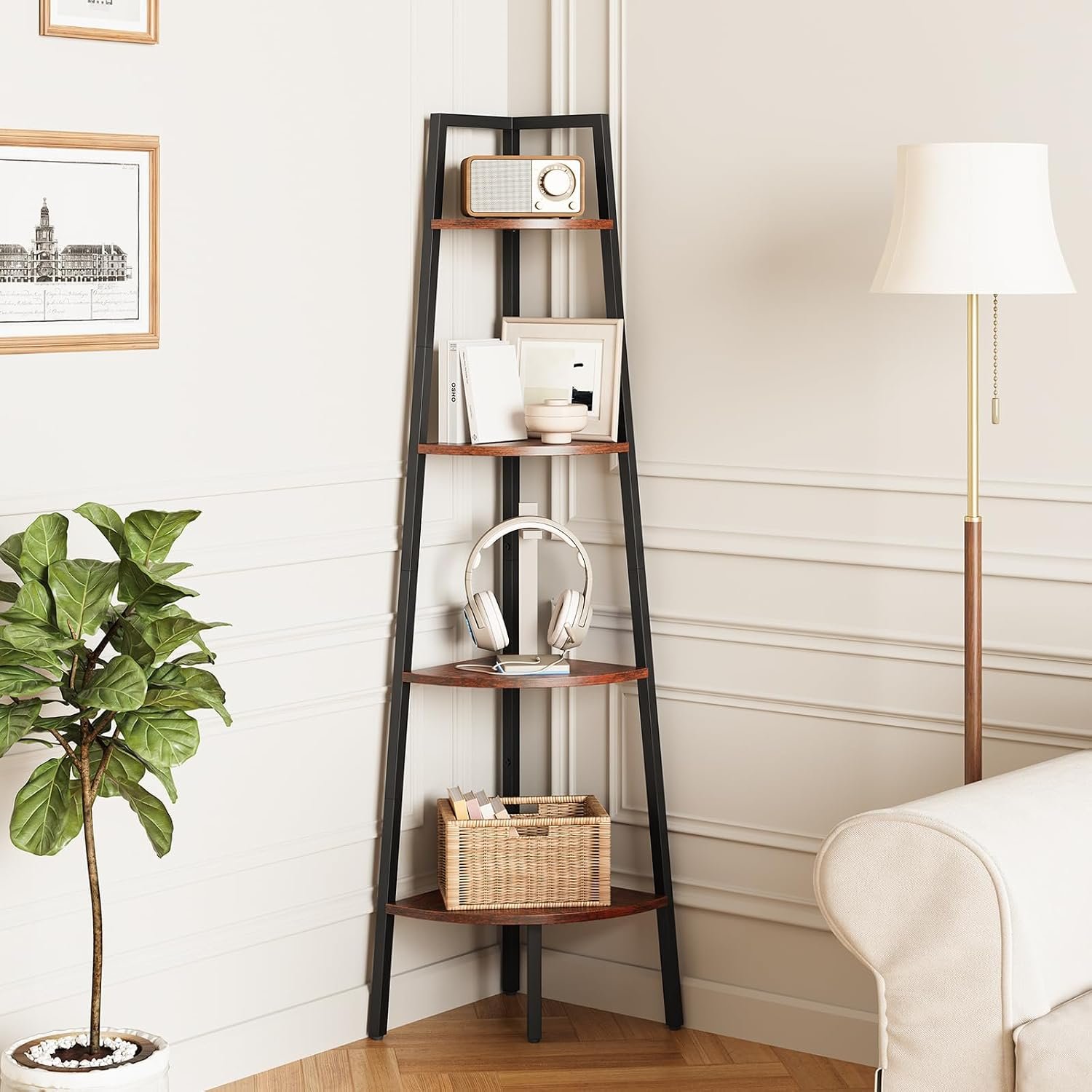 Yoobure 4‑Tier Corner Shelf – Sturdy Metal Frame & Wood Ladder Bookshelf, Space‑Saving Display Shelves for Plants & Books, Easy Assembly, for Bedroom, Living Room, Office, Balcony
