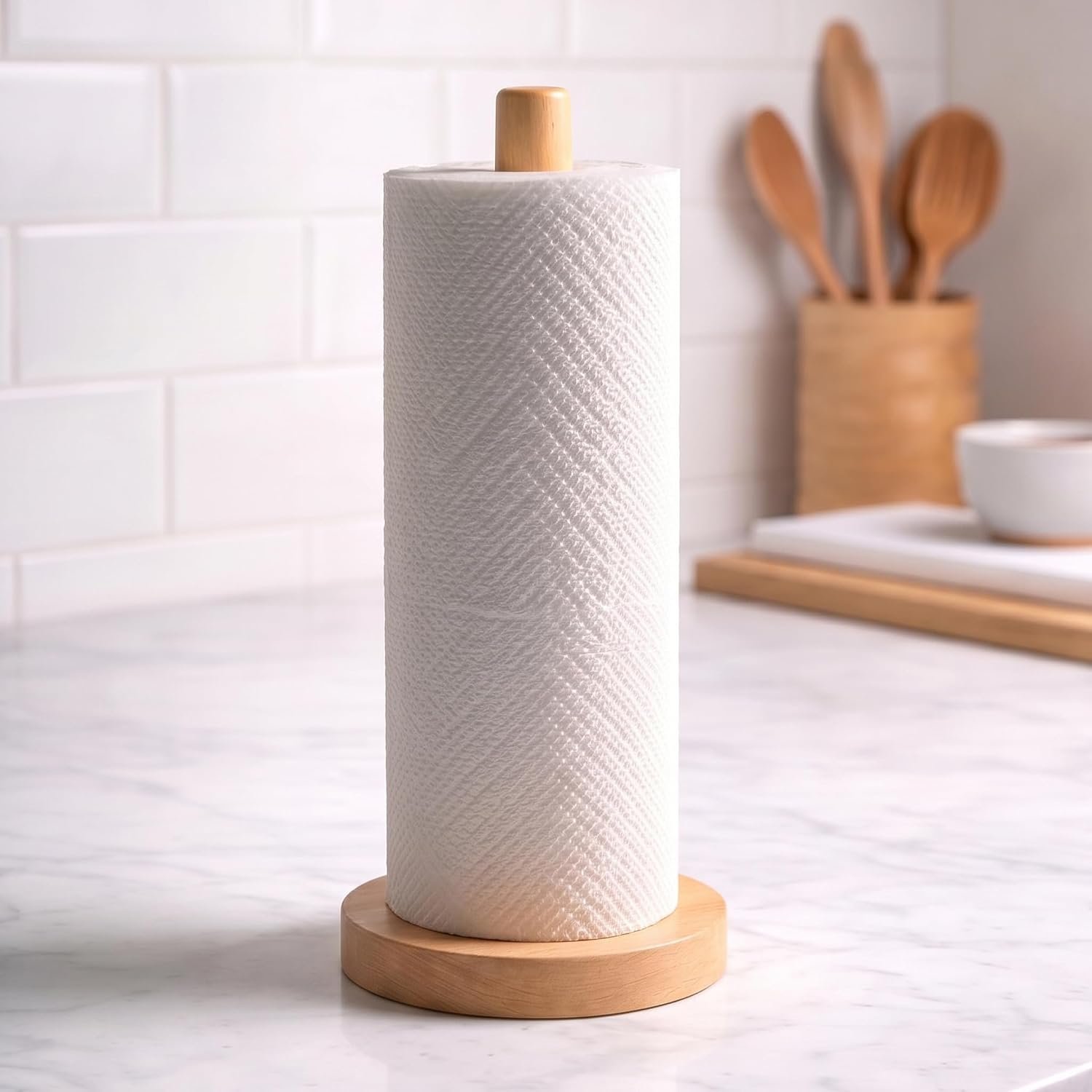 Wooden Paper Towel Holder for Countertop, Solid Beech Wood Stand with Non-Slip Base, Fits Standard Kitchen Rolls, Easy Assembly, Farmhouse Paper Towel Dispenser
