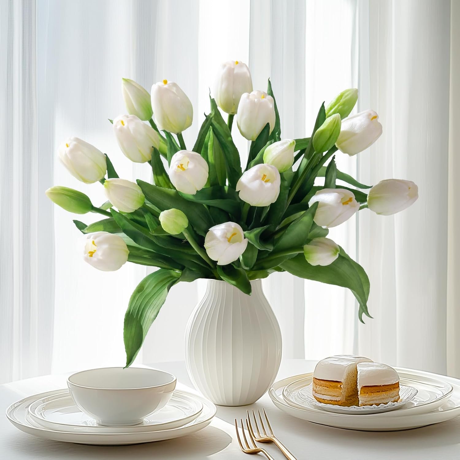 Bailikang 20PCS Fake Tulips Artificial Tulip Silk Flowers Fake PU Bouquet Artificial Flowers Faux Flowers with Gift Box Soft Faux Tulips Bouquets Arrangements for Party Wedding Home