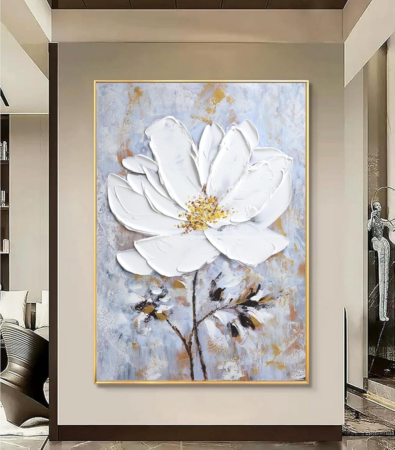 Large Hand Painted Flower Oil Painting for Ofiice-3D White Floral Canvas Wall Art for Bedroom- Framed Modern Artwork for Living Room Home Decoration 32x48inches