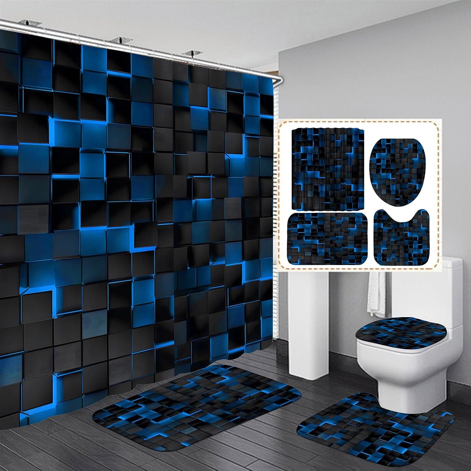 LQCOOL 4 Pcs Blue Shower Curtain Set with Rugs, 3D Cubes Modern Bathroom Set, Black Blue Polyester Shower Curtains for Bathroom with 12 Hooks, Toilet Lid Cover & U-Shaped Mat