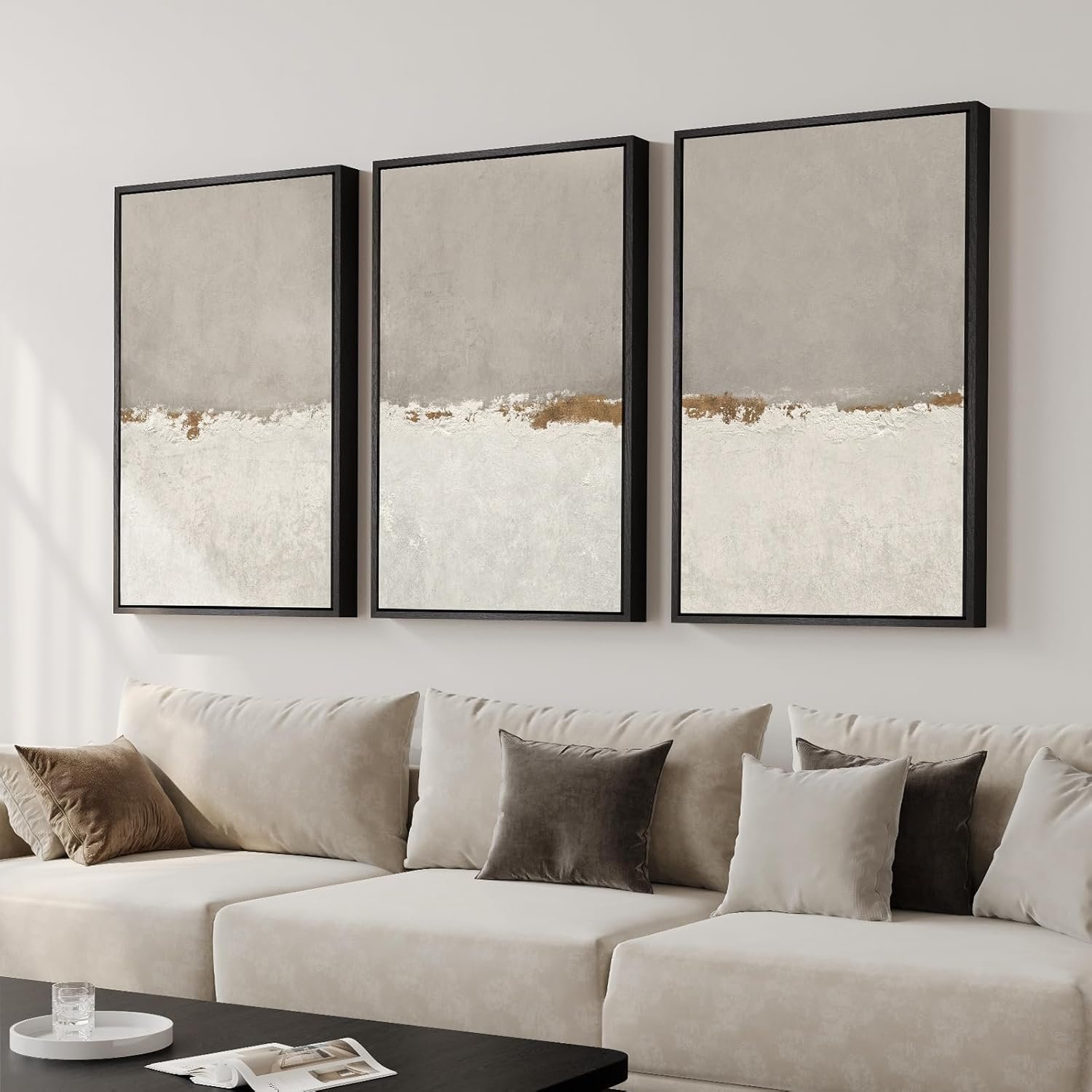 Large Framed Neutral Abstract Wall Art for Living Room, 3 Piece Modern Canvas Prints Paintings Artwork for Walls, Minimalist Beige Abstract Horizon Pictures for Hallway, Office Wall Decor 24×36 In