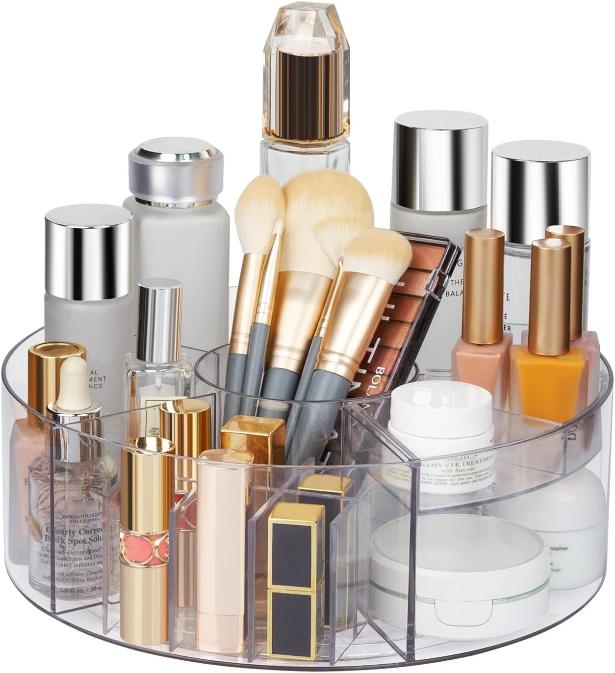 360° Rotating Makeup Organizer, 10″ Clear Turntable Lazy Susan Organizer for Vanity, Bathroom Counter, Cabinet, Spinning Cosmetic Storage Holder with 6 Dividers for Skincare, Makeup Brushes, Lipsticks