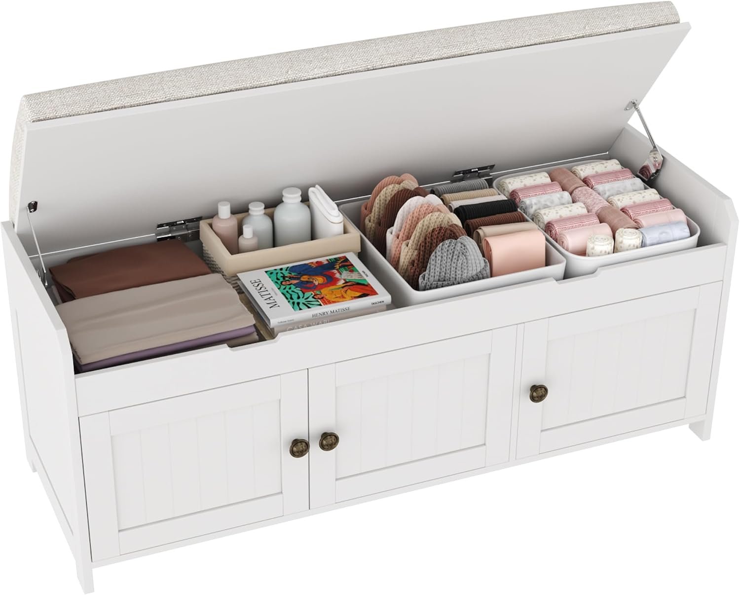 HOMEFORT 41.3″ Shoe Bench with Lift Top Storage, Entryway Bench with Cushioned Seat, Wooden End of Bed Bench, Shoe Cabinet Bench with Hidden Storage Space, for Bedroom, Hallway,White