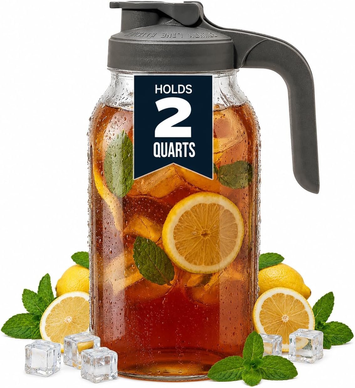 County Line Kitchen 64 oz Mason Jar Glass Pitcher With Lid – Gray | Heavy-Duty Glass Mason Jar Pitcher – Leak-Proof Lid, Wide Mouth & Easy Pour Spout (64 oz)