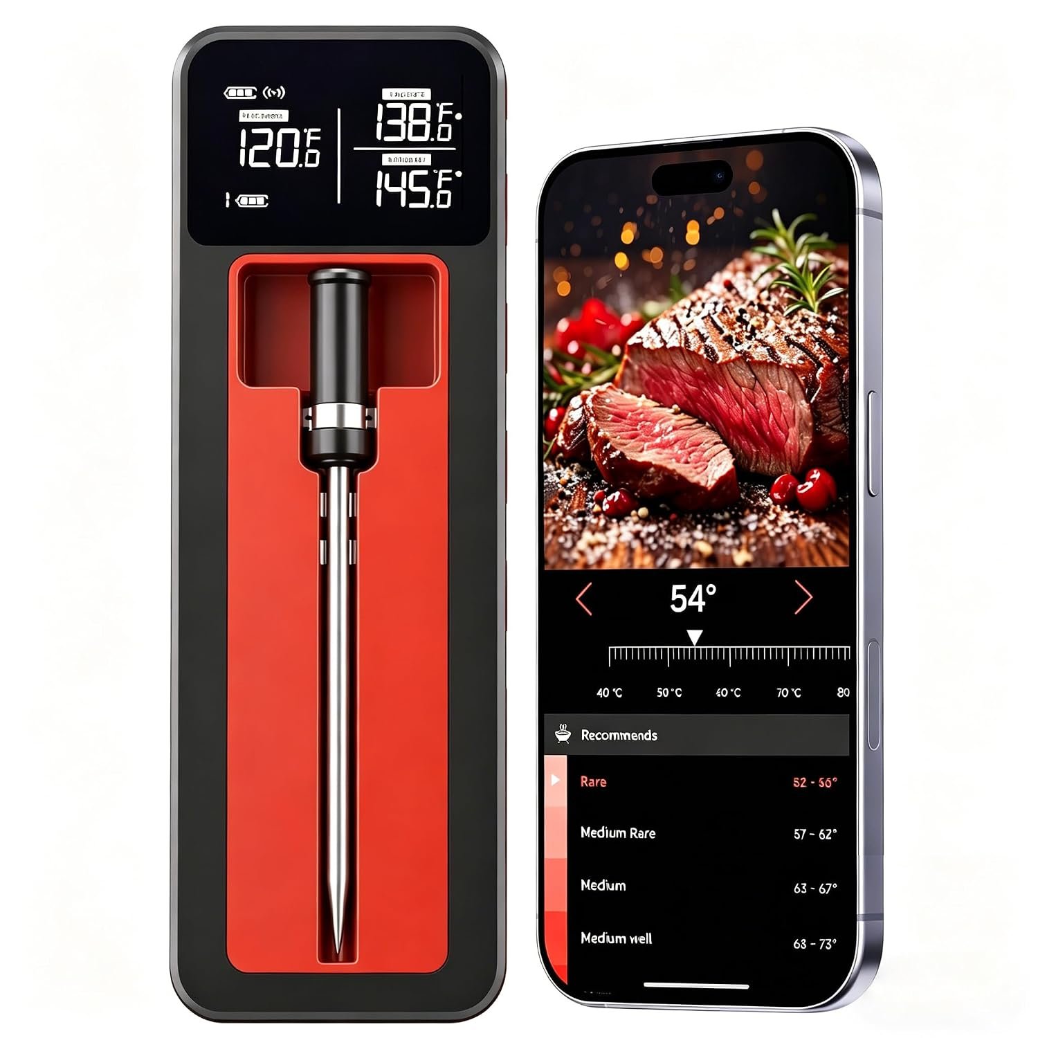Smart Wireless Meat Thermometer IP67 Ultra-Thin Probe ±0.5℉ Accuracy Bluetooth 230ft Real-Time Monitoring & Smart Alerts with APP Standalone Display Base for BBQ, Oven, Kitchen,Grill,Smoker
