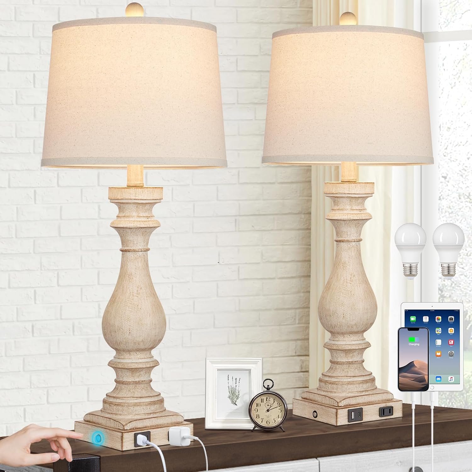 29″ Tall Table Lamp for Living Room Set of 2,Farmhouse Nightstand Bedside Lamps with USB C+A Ports & AC Outlet,3-Way Dimmable Touch Control Desk Lamp for Bedroom,Color 1