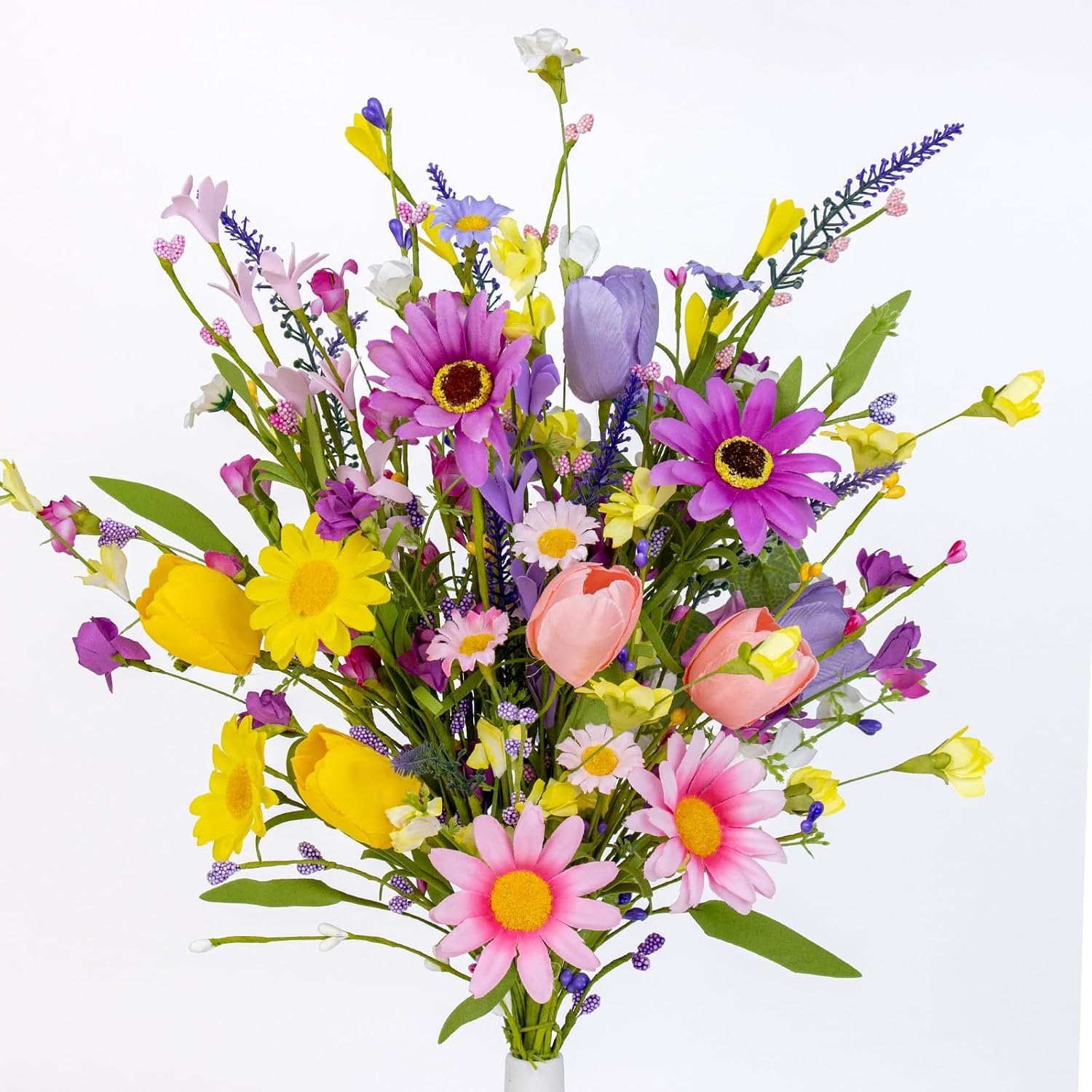 Yawwind 12 PCs Artificial Summer Flowers 17 Inches Pastoral Spring Flowers Colorful Spring Florals Stems with Wildflowers Tulips for Vase Table Centerpiece Indoors Decoration