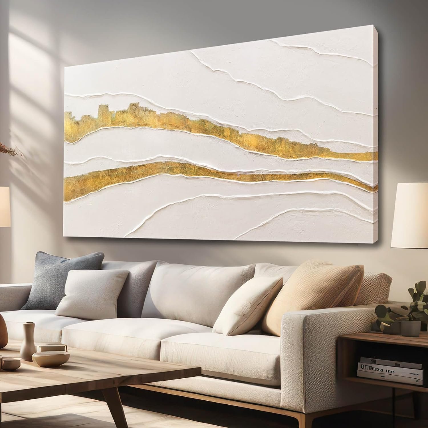 VAYIMDH Canvas Abstract Art White Large Wall Decorations for Living Room Gold Foil Abstract Wall Hanging Oil Painting for Office 29″x 58″ Home Decor