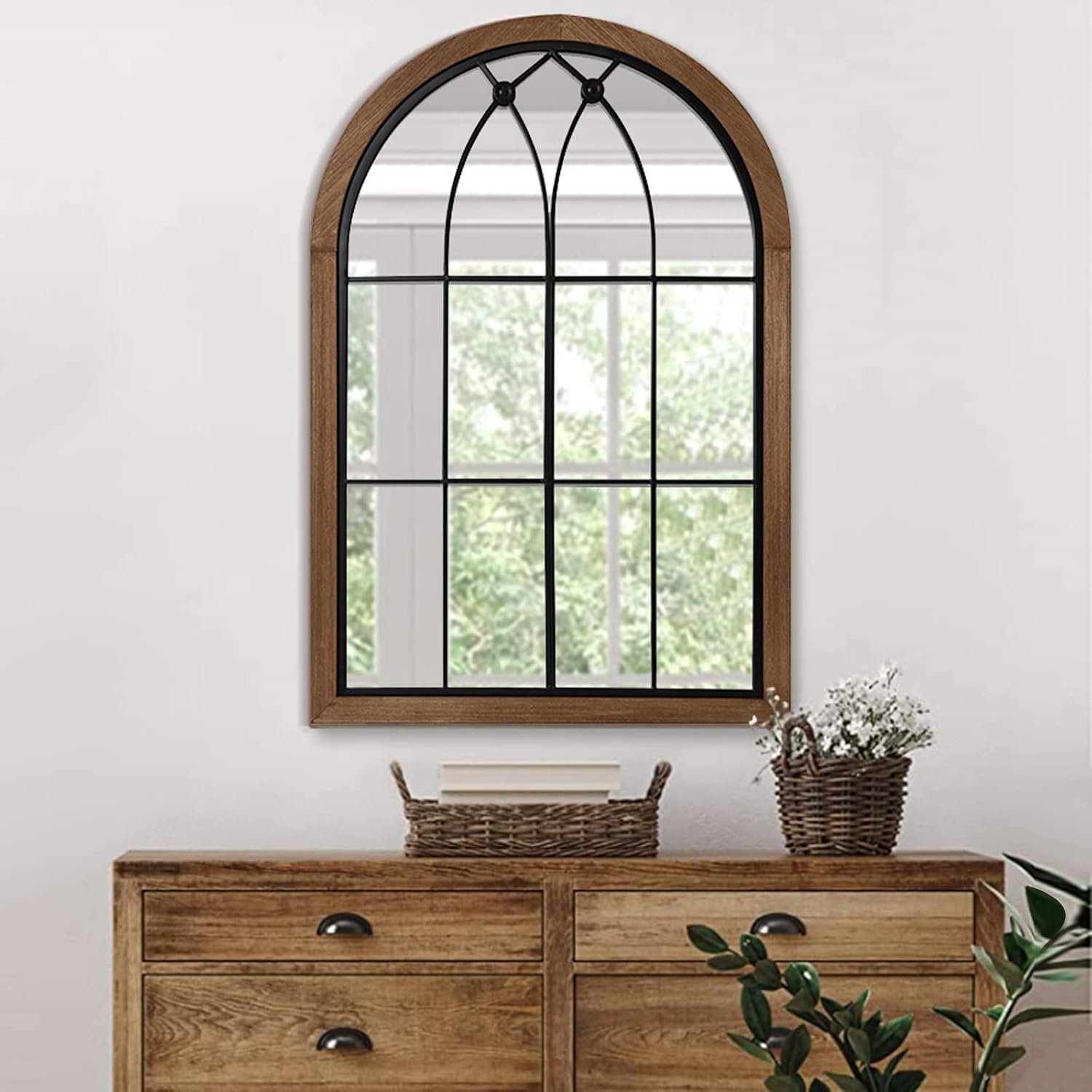 blue page Arched Window Pane Mirror 36×24 Inch Wood Frame, Window Brown | Cathedral style windowpane grid mirror for entryway, dining room, living room and farmhouse bathroom wall decor