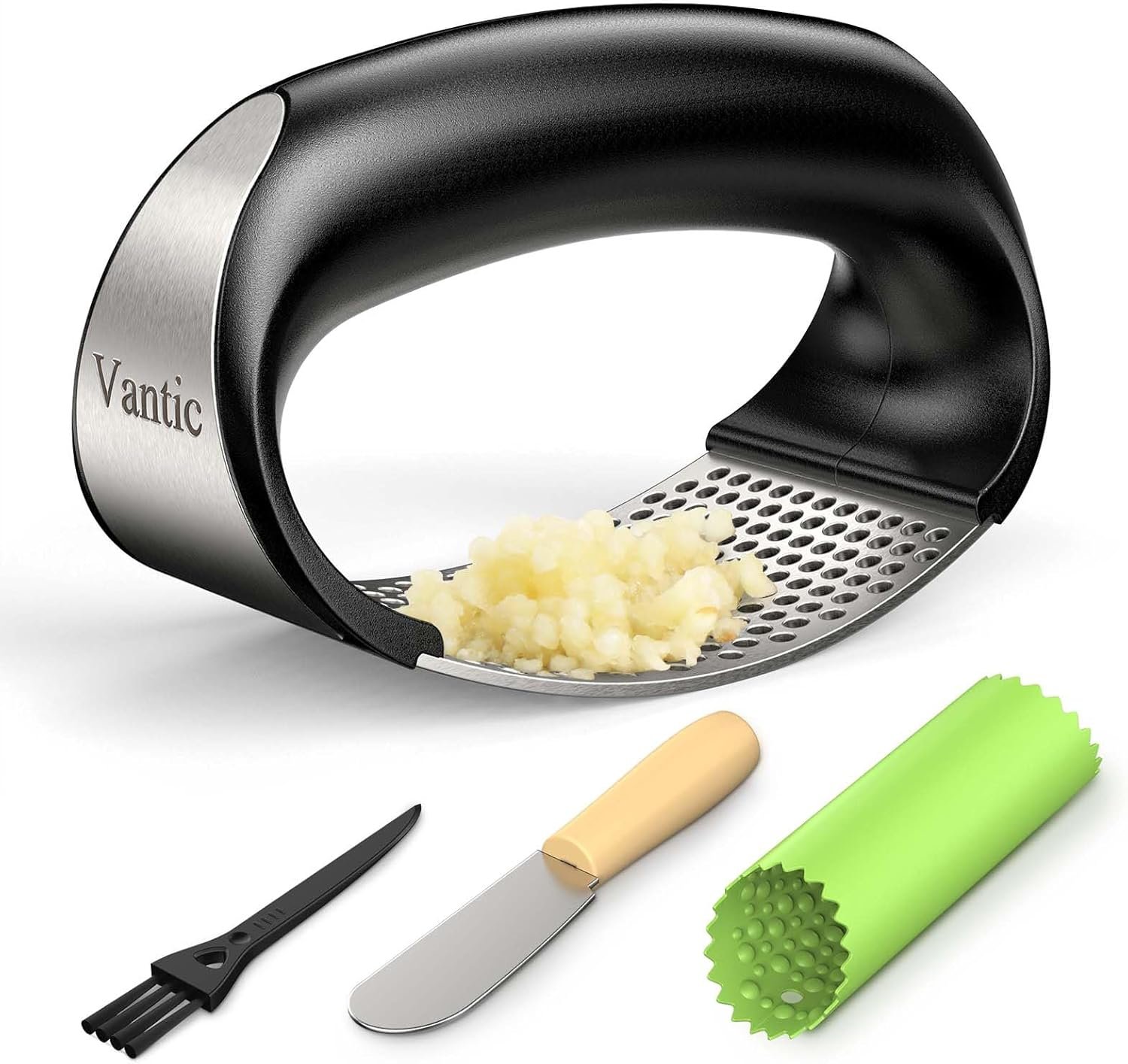 Garlic Press Rocker – Stainless Steel Garlic Crusher, Mincer and Chopper with Peeler & Scraper, Easy Kitchen Gadget for Effortless Smashing