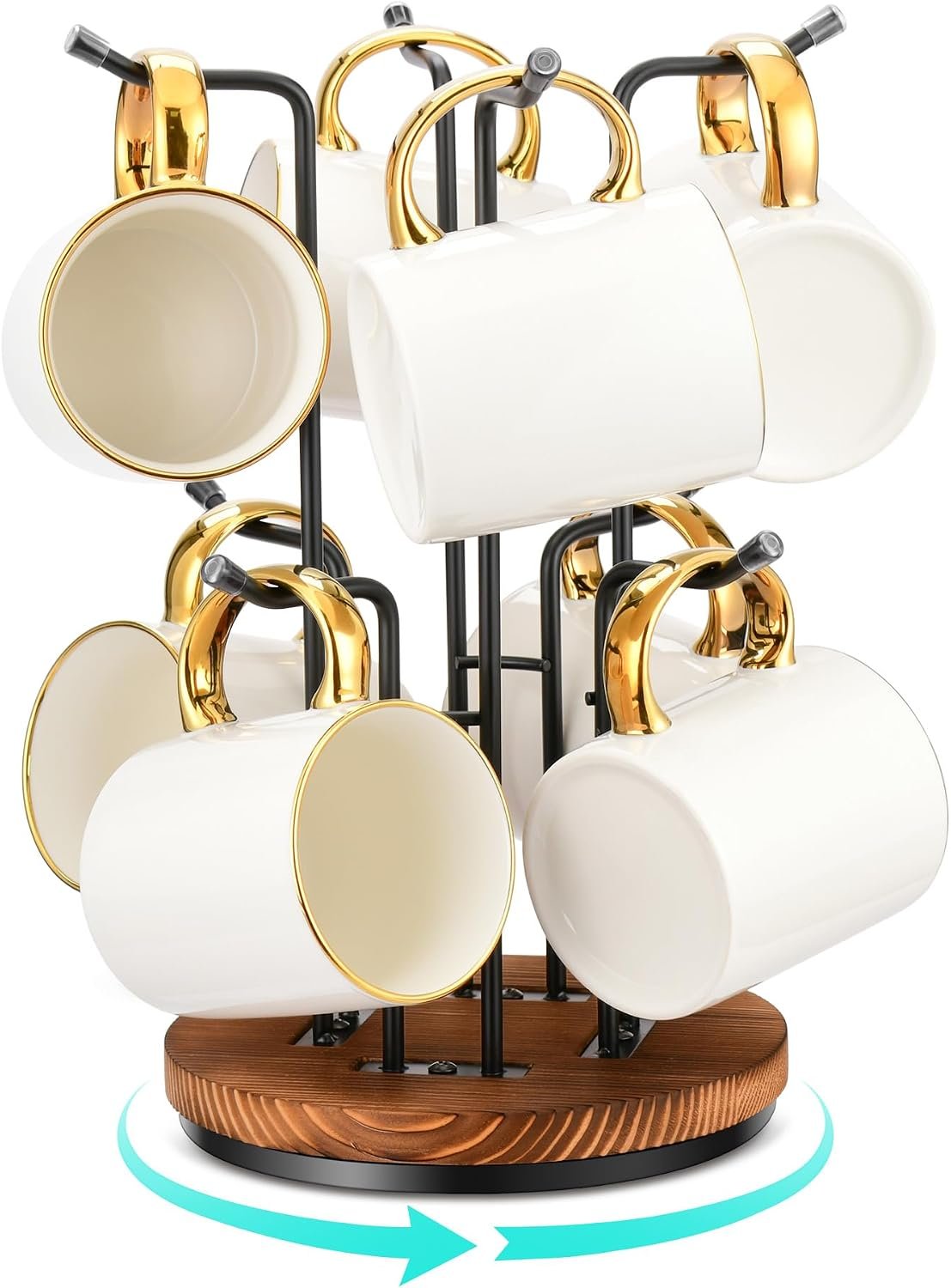 HULISEN 360° Rotating Mug Tree, Coffee Mug Holder for Large Cups, 8 Hooks | Cup Holder for Countertop, Stable Wooden Base, Space-Saving Coffee Bar Metal Rack Stand, Kitchen Counter Decor