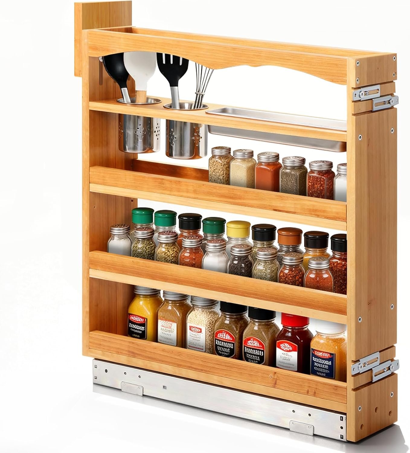 5″ Pullout Spice Organization for Cabinet, 4-Tier Solid Wood Pull Out Spice Racks for Inside Cabinets, Soft-Close Sliding Cabinet Organizer with Adjustable Shelf, Narrow Pantry Organization