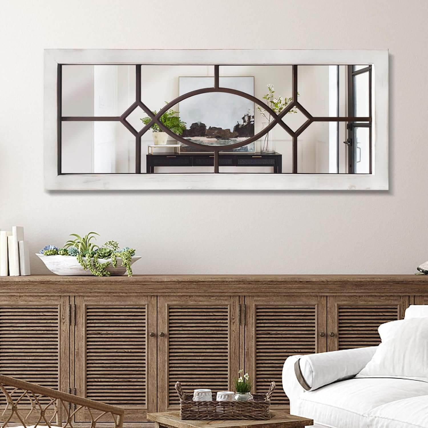 Farmhouse Wall Mirror for Wall Decor: 43.3″x17.7″ Rustic Windowpane Mirrors | No Assembly Required Wooden Frame, Decorative mirror for entryway, living room, hallway, or fireplace, Hanging or Leaning